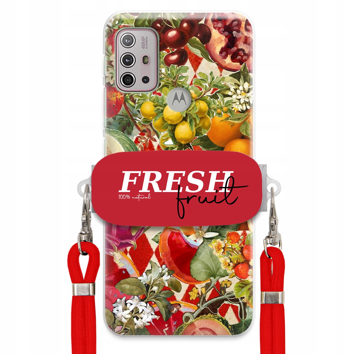 Pouzdro pro Motorola G20 Červené Crossbody vodítko Držák Fresh Fruit Ovocné