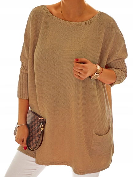 Voľný oversize sveter s vreckami NOBIS farba svetlý camel