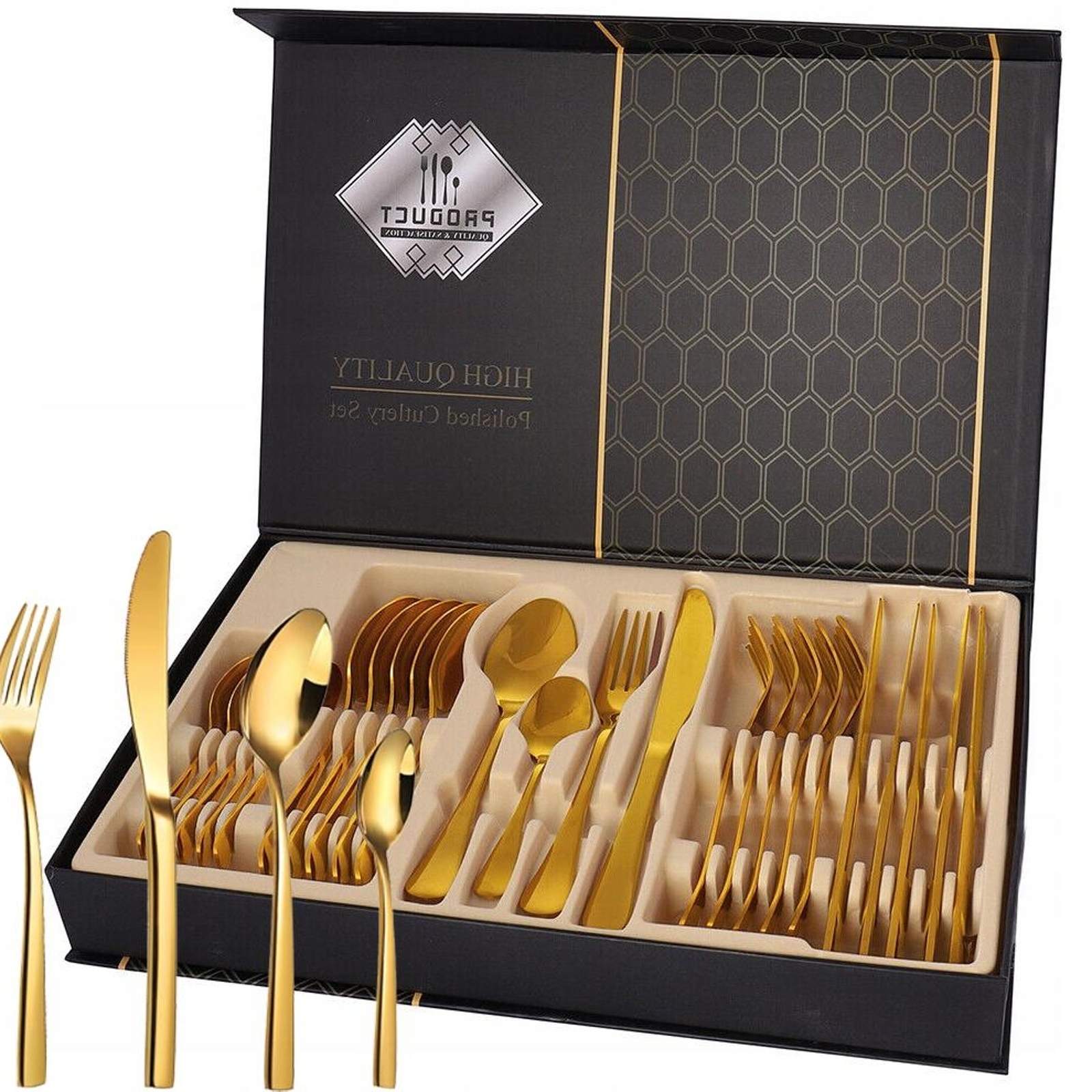 Luxusní Sada Příborů 24X Zlatá Titanová Povrchová Úprava S Protiskluzovými Rukojeťmi