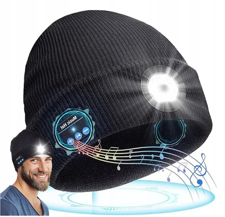 WIELOFUNKCYJNE CZAPKA Z LATARKĄ WYGODNY LED MUZYKA BLUETOOTH CZAPKA