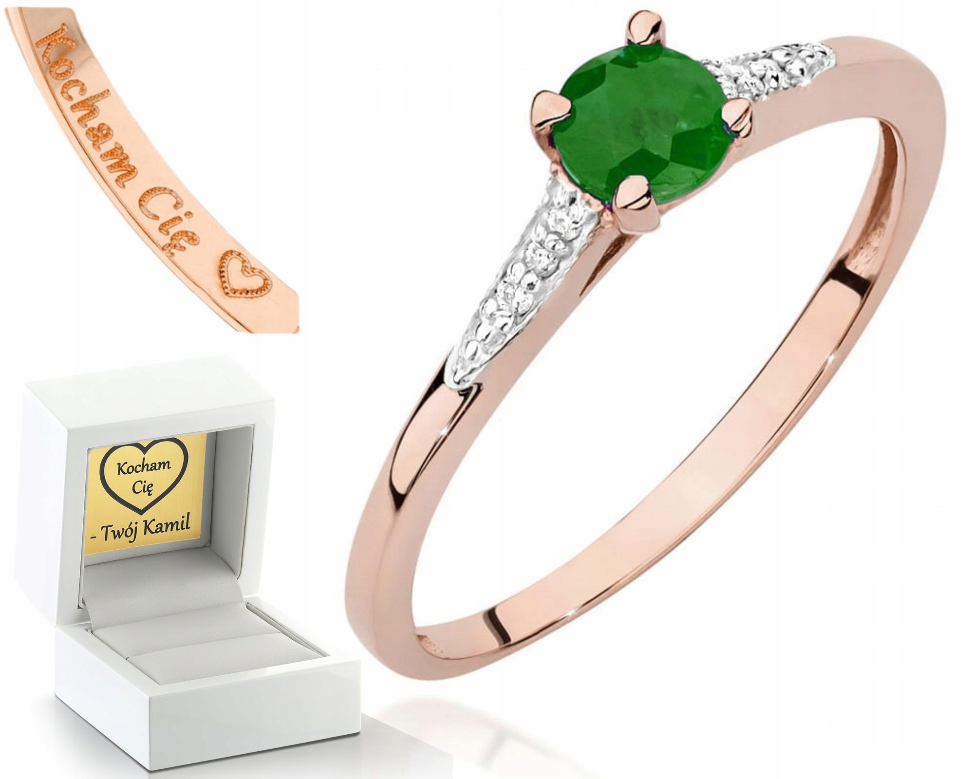 Zlatý Prstýnek Se Smaragdem A Diamanty Růžové Zlato A Brilianty Gravírování