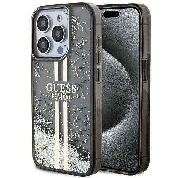 Originální Pouzdro Guess pro iPhone 15 Pro (Liquid Glitter Gold Stripes černé