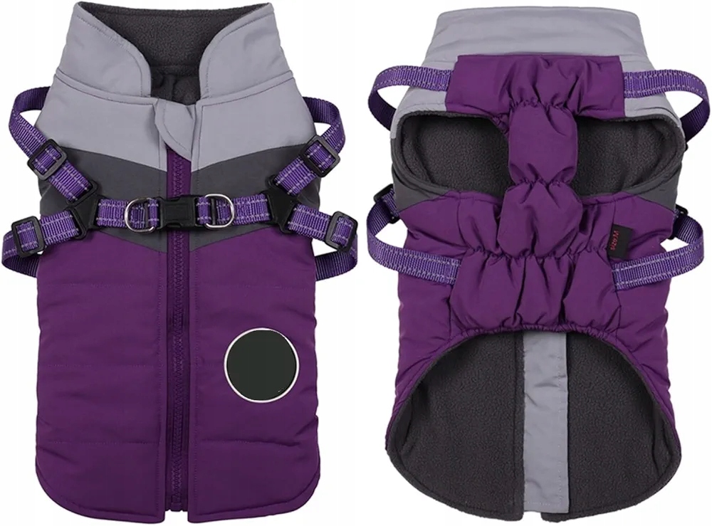Levně Kabát, bunda pro psa, teplá vesta s postrojem velikost S fialová