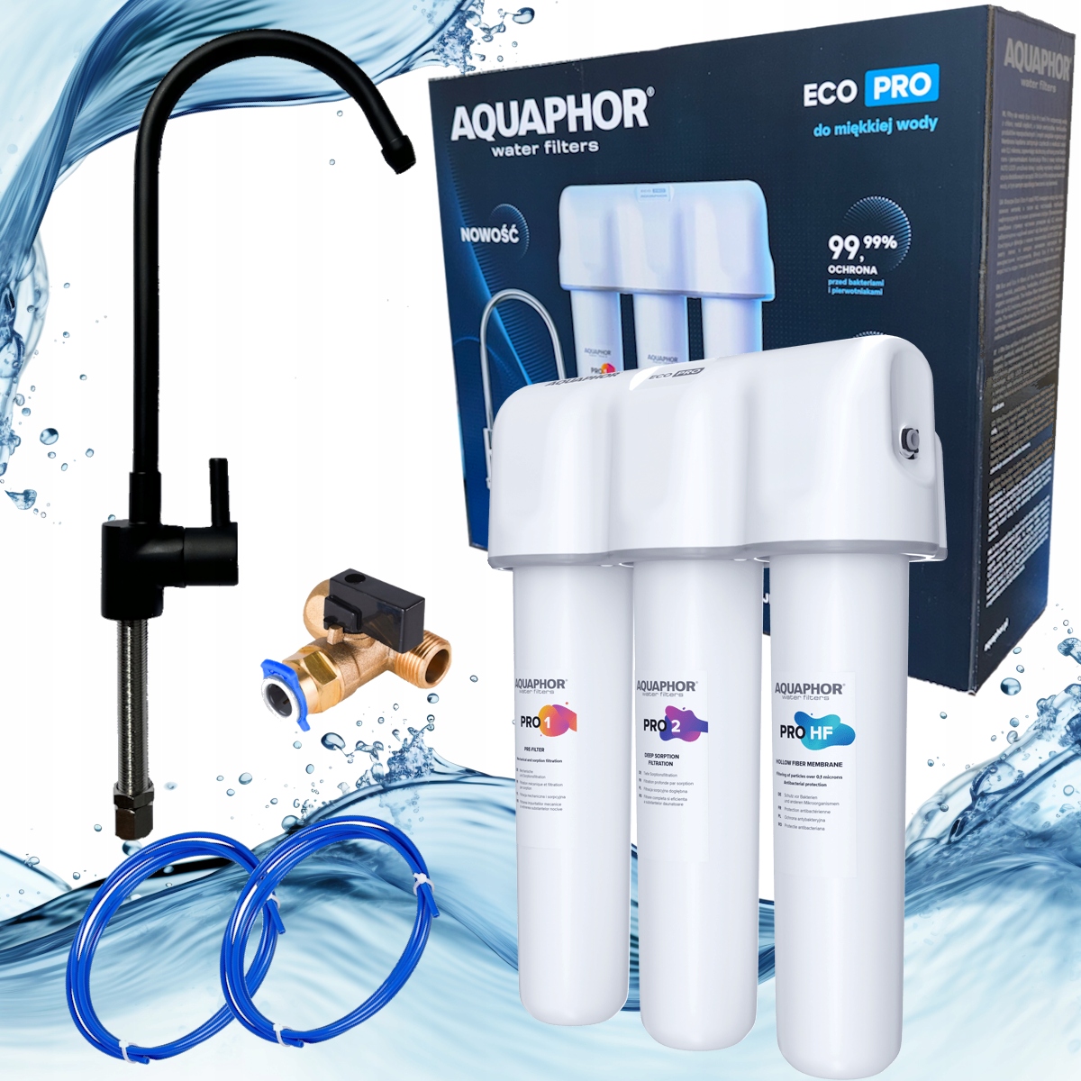 Vodný filter pod umývadlo Aquaphor Eco Pro Baktericídny s čiernym výtokom