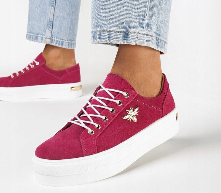 Fuksjowe skórzane Sznurowane Sneakersy ze Skóry Orli r 41