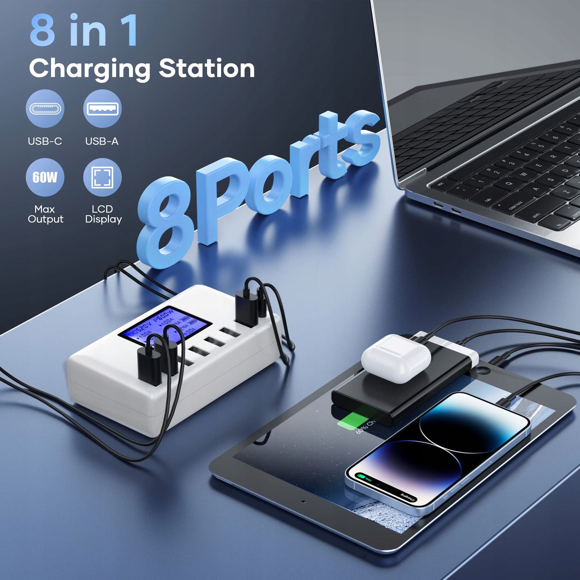 USB HUB Ładowarka 60W 8 Portów z Wyświetlaczem — miniatura 2