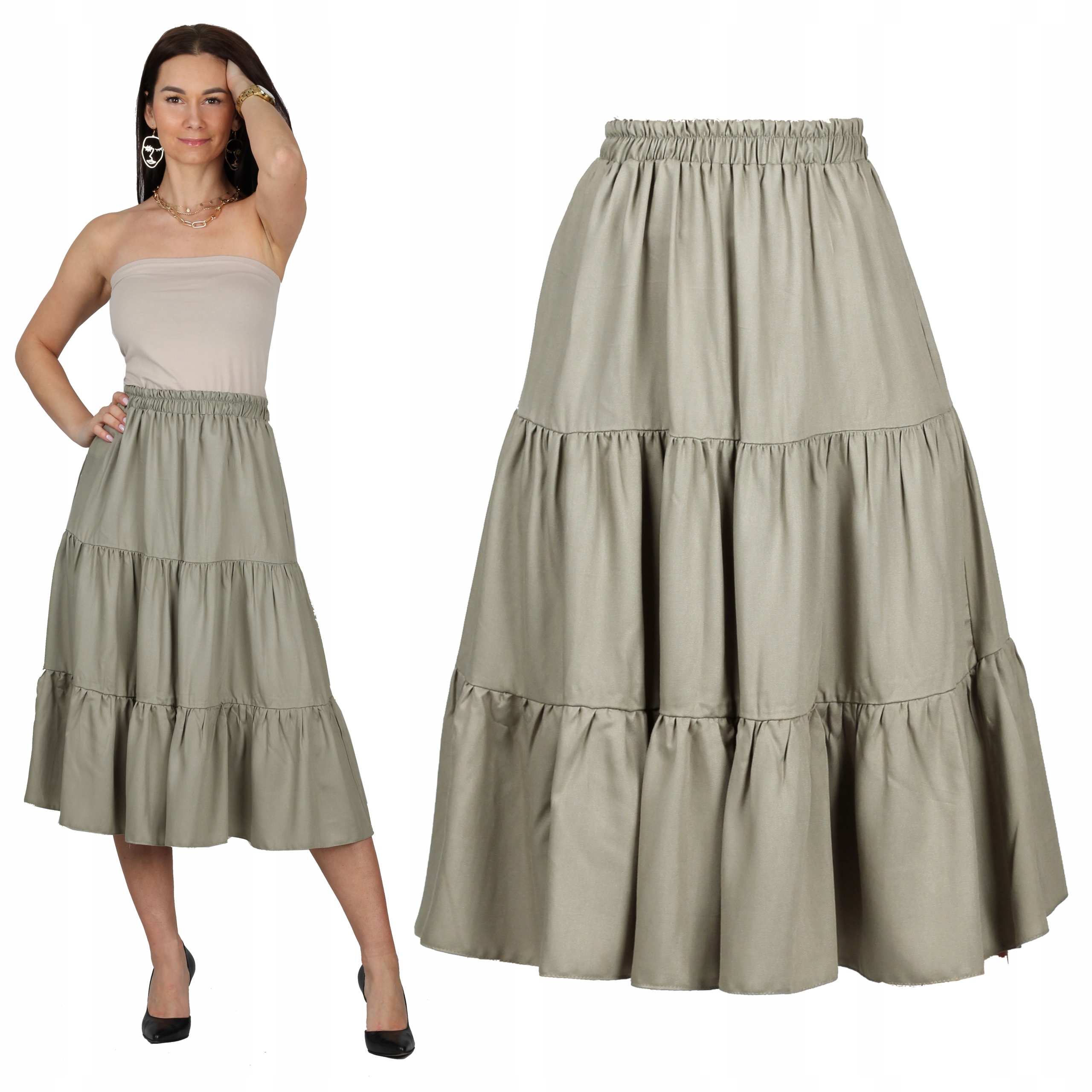 

L XL 3 Falbany Oliwkowa kobieca spódnica midi