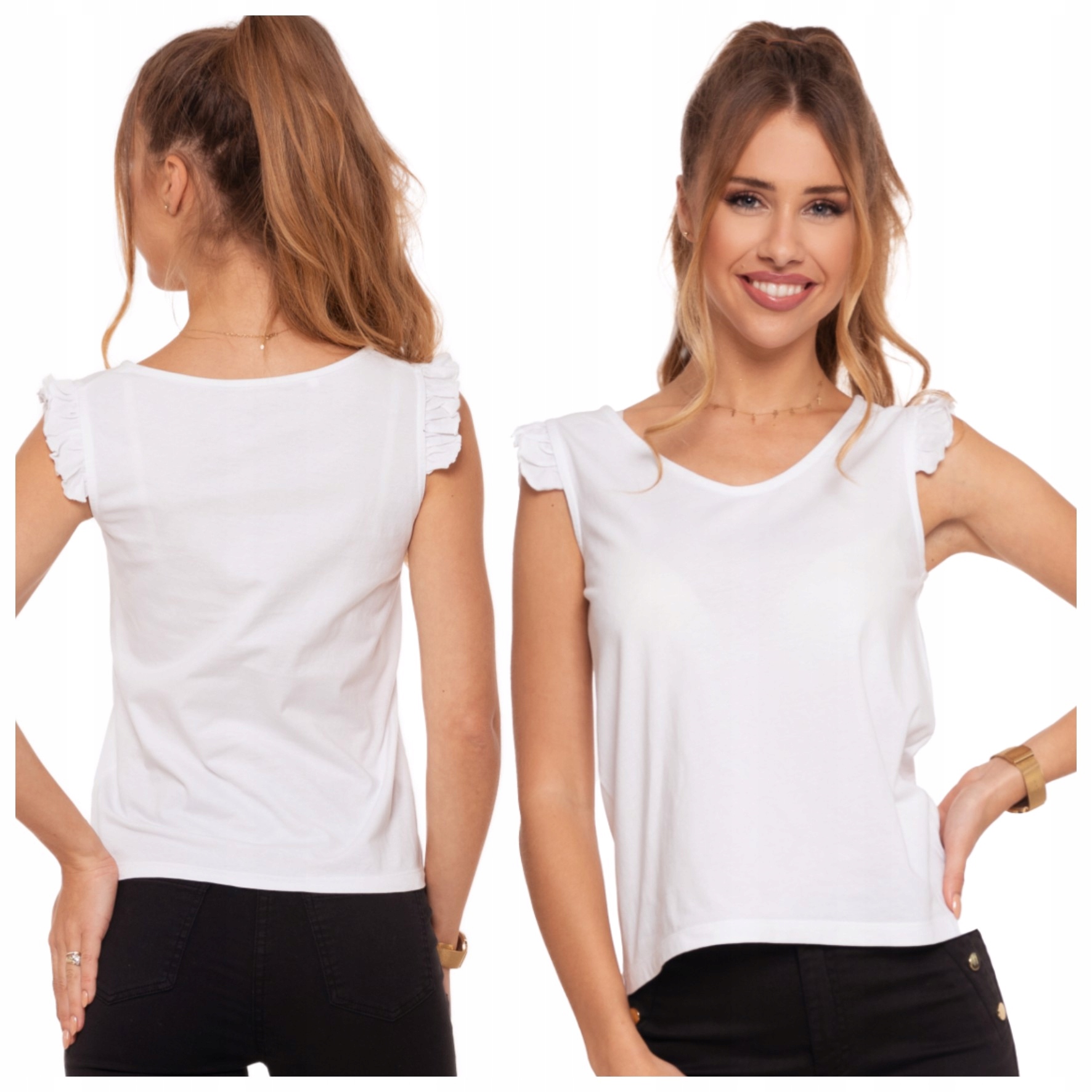 BIAŁA BLUZKA DAMSKA BAWEŁNA BEZ RĘKAWÓW FALBANKI ELEGANCKA GŁADKA MORAJ M