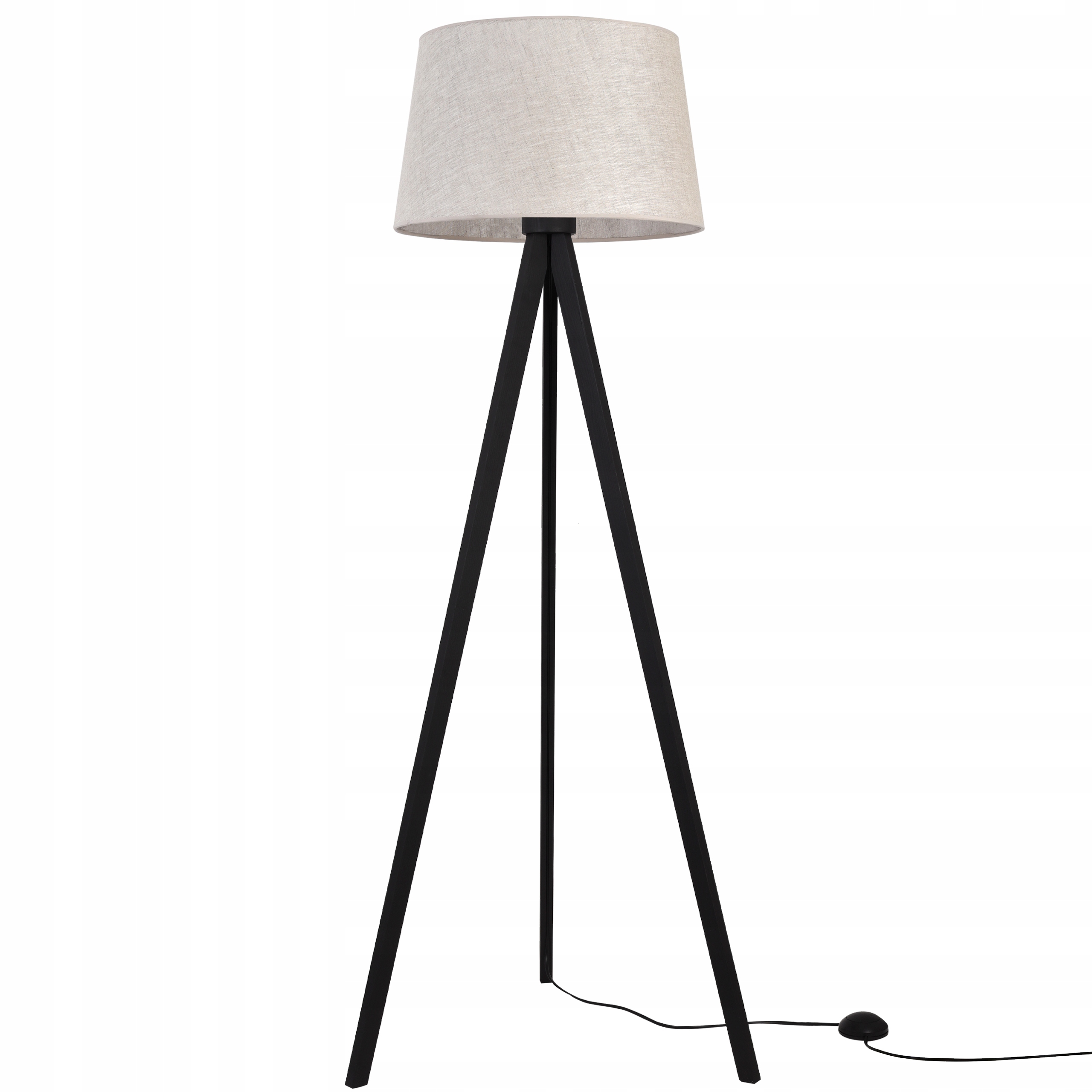 Stojacia podlahová lampa čierna trojnožka s ľanovým tienidlom boho do spálne