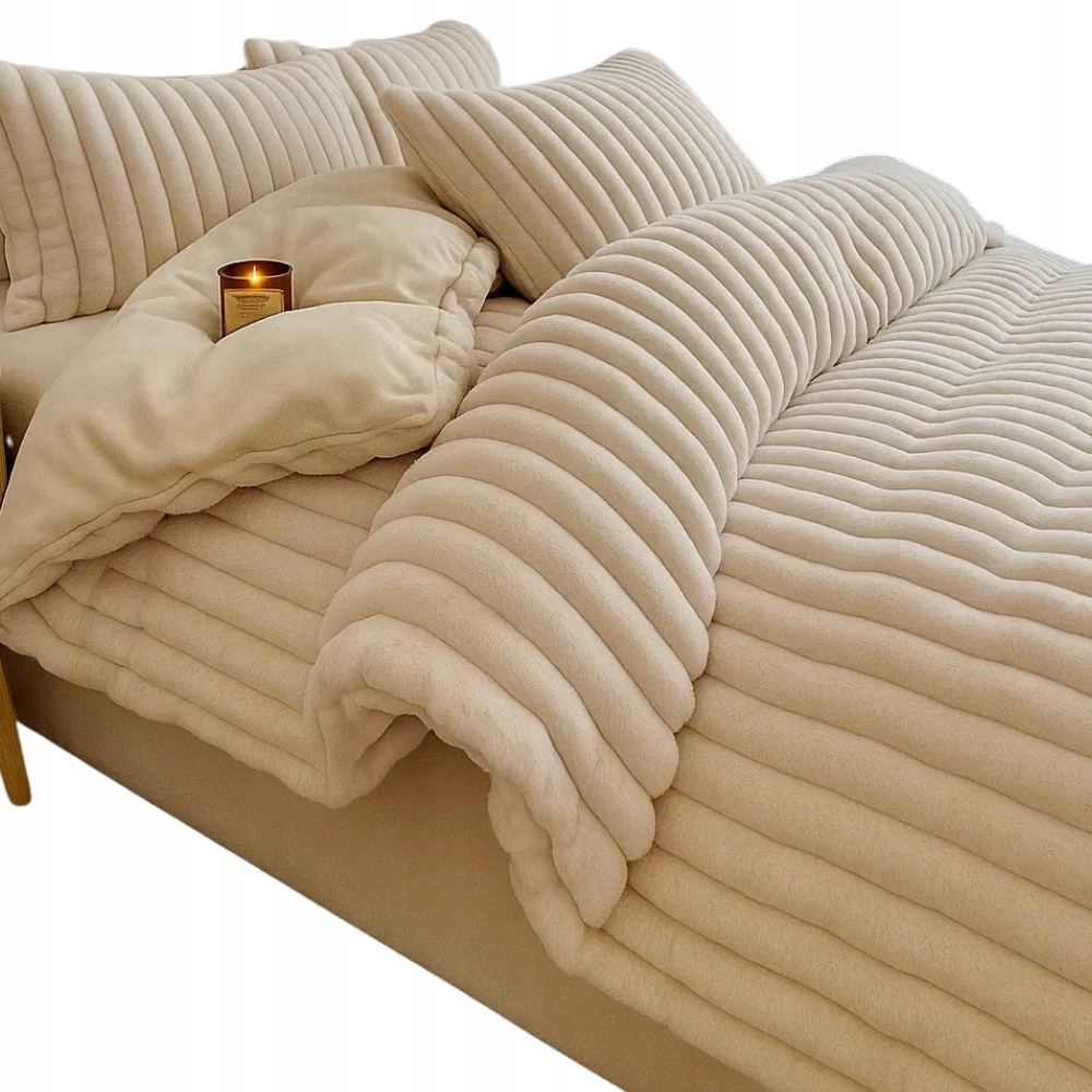 Pościel pluszowa 160x200 w szerokie grube Pasy miś 3D zimowa ciepła beżowa