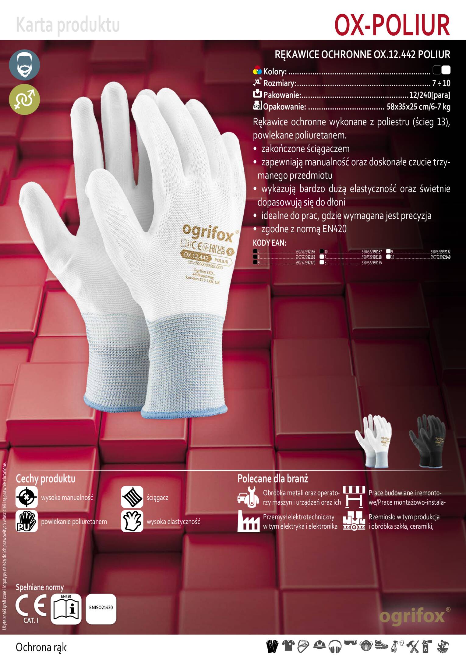 RĘKAWICE ROBOCZE MANUALNE 12 par OX-POLIUR BB r.9 Kod producenta OX-POLIUR BB 9