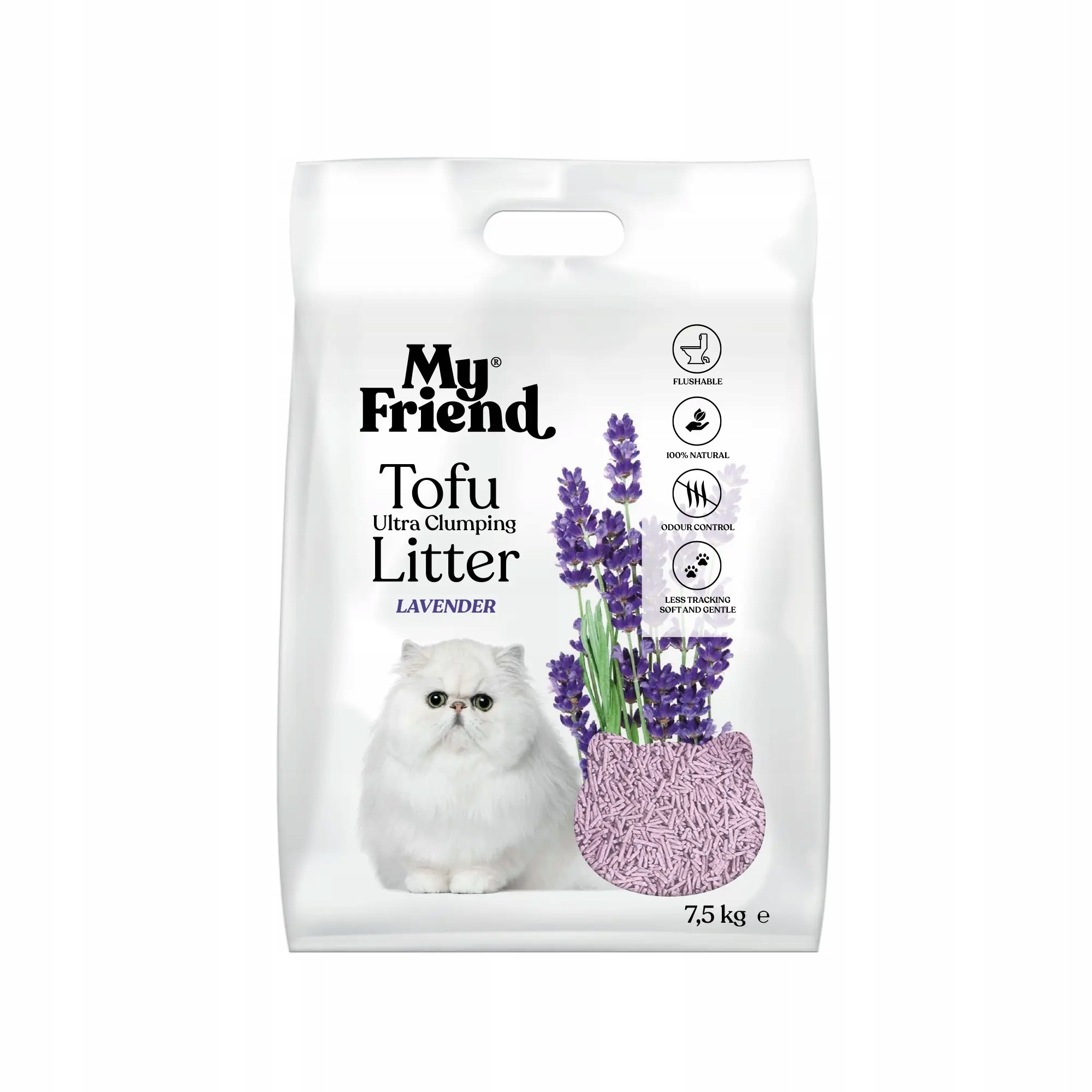 Levně Stelivo pro kočky My Friend tofu, hrudkující, bezprašné, přírodní, levandulové 7,5