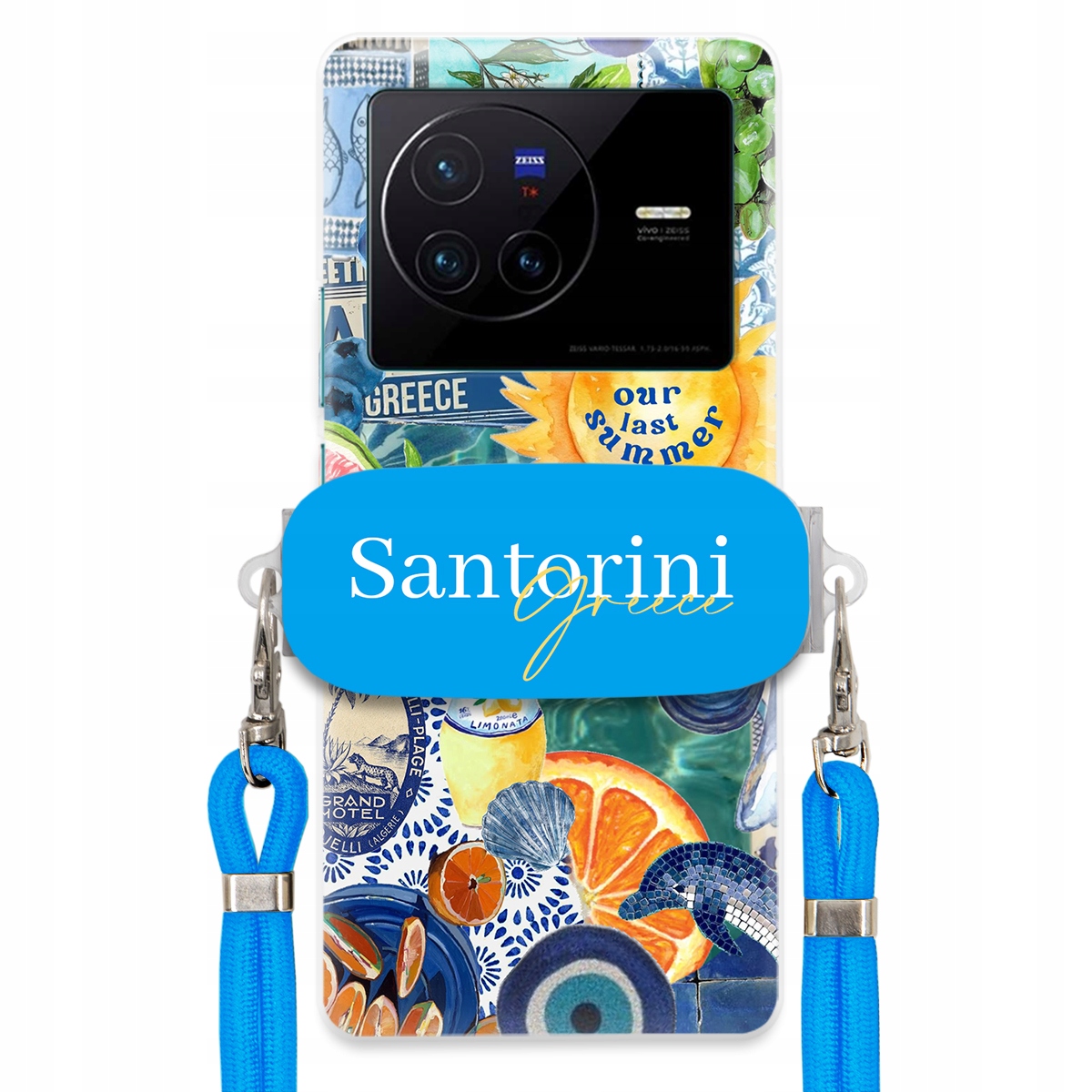 Puzdro pre Vivo X80 Modré Crossbody vodítko držiak Santorini Greece Sea