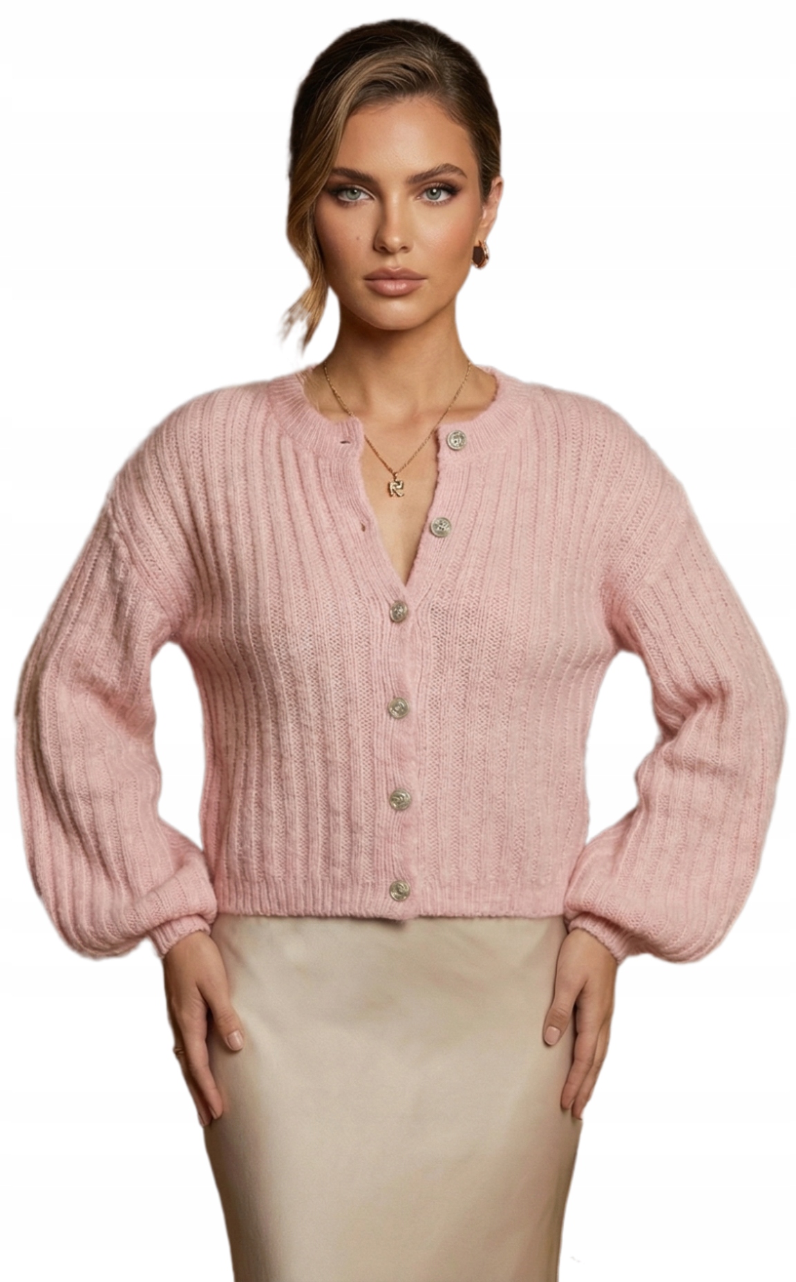 Elegantní růžový rozepínací svetr typu kardigan s bufiastými rukávy