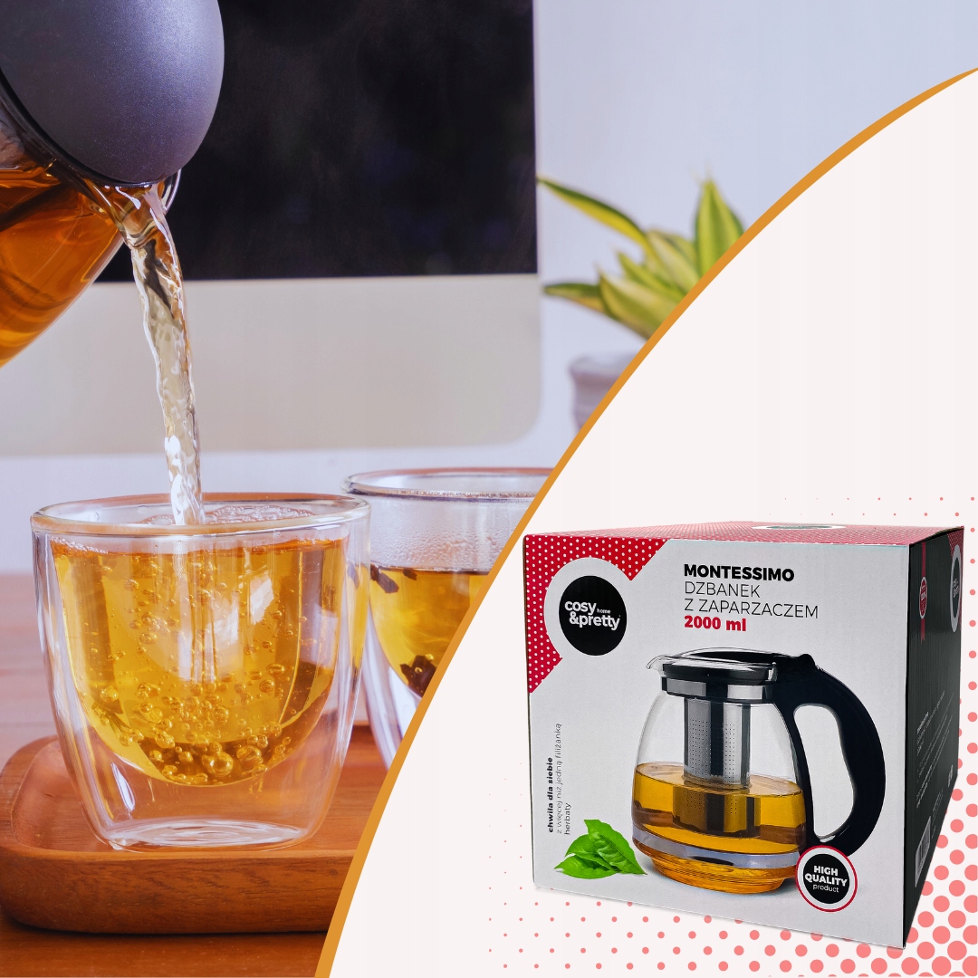 Dzbanek 2l Szklany z Zaparzaczem do Kawy Herbaty DUŻY ZAPARZACZ Czajnik Kolor czarny przezroczysty
