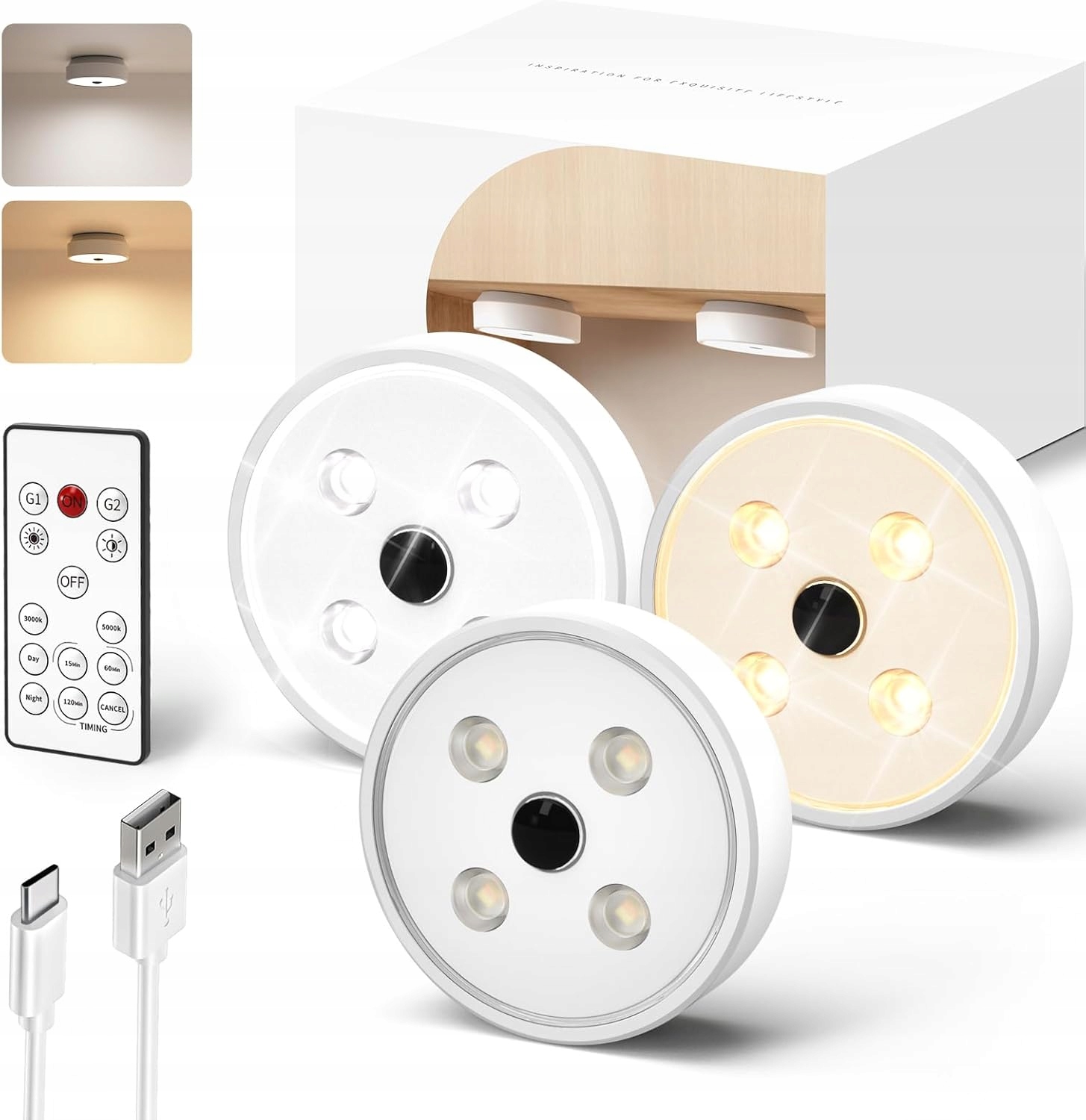 Noční Lampa Led 3ks, Reflektor 2000MAH Dálkový Ovladač