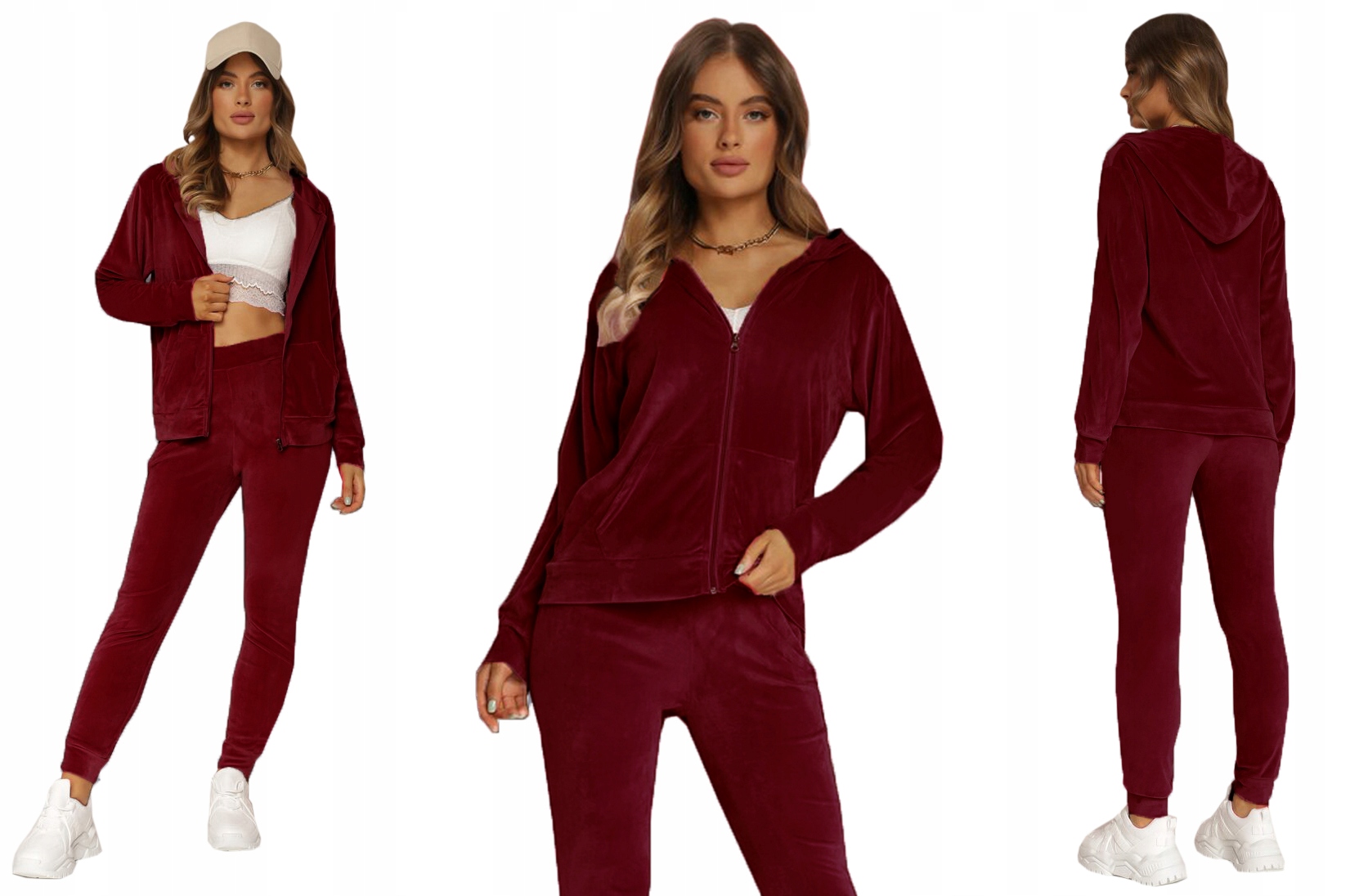 Dres damski welurowy Rozpinany komplet Welur bluza 9165 bordowy 3XL