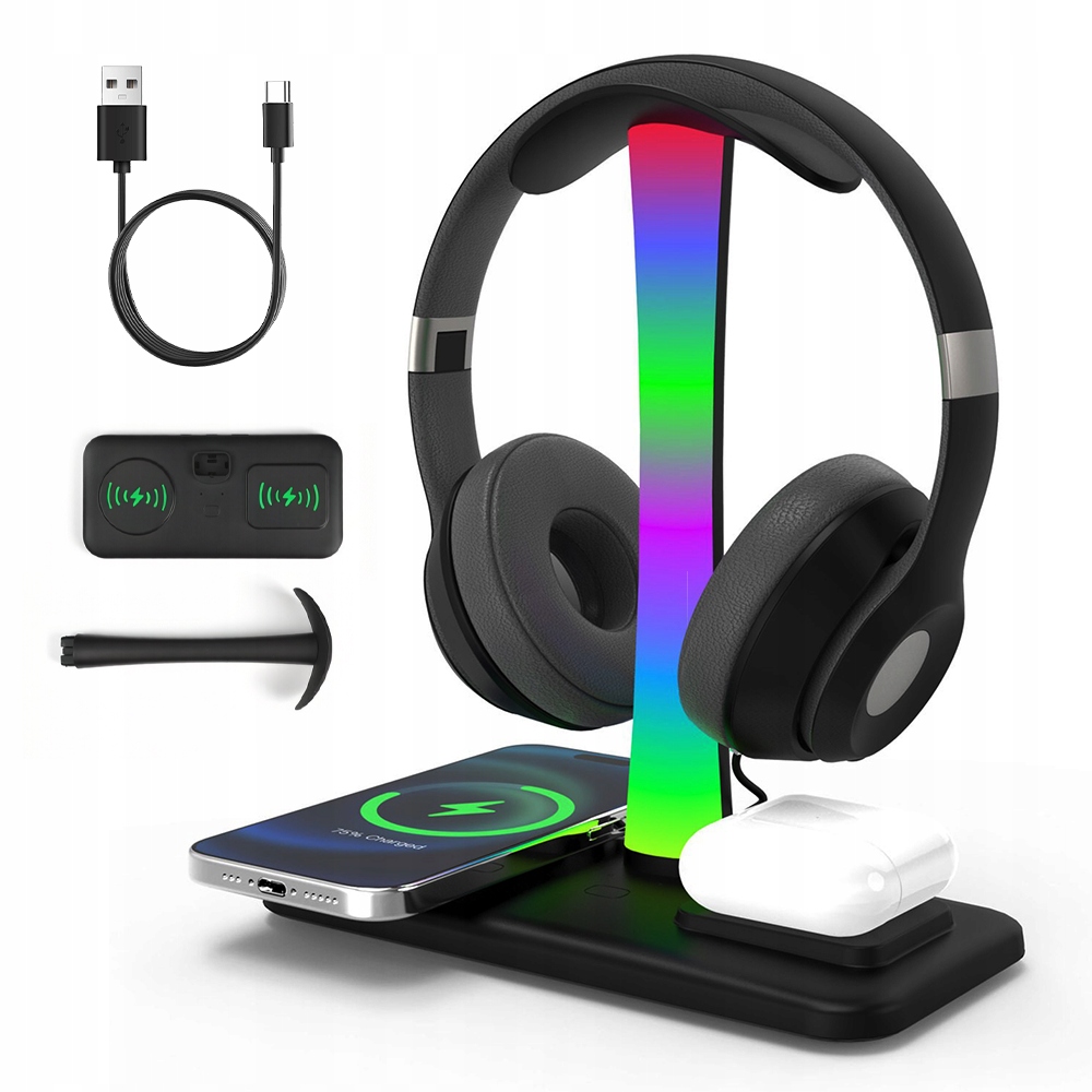 Stojan Na Sluchátka Hold Rgb podsvícení Hub 3x Usb Typ-C Indukce