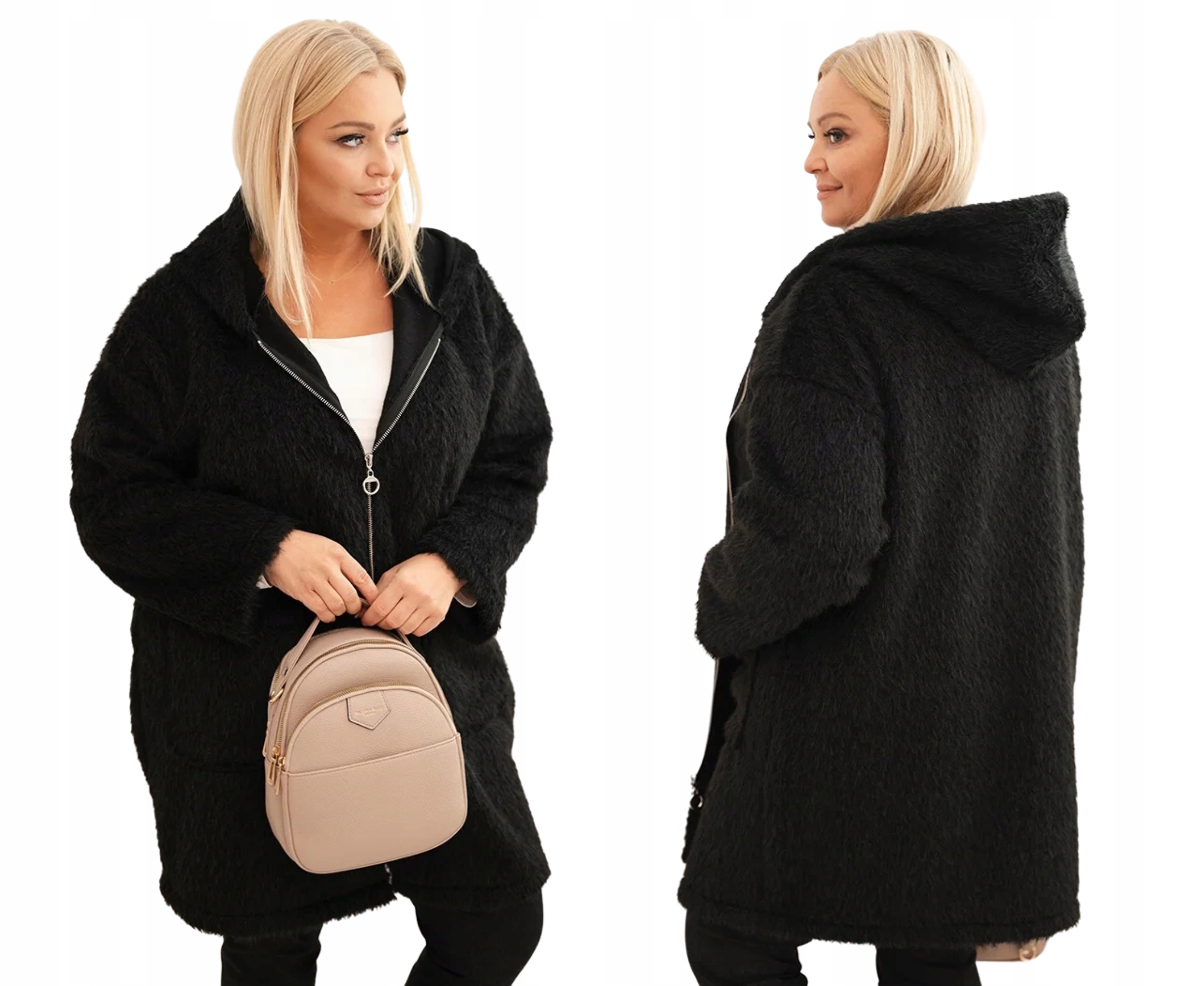 Černá mikina s kapucí viskózové kožešiny pro větší velikosti