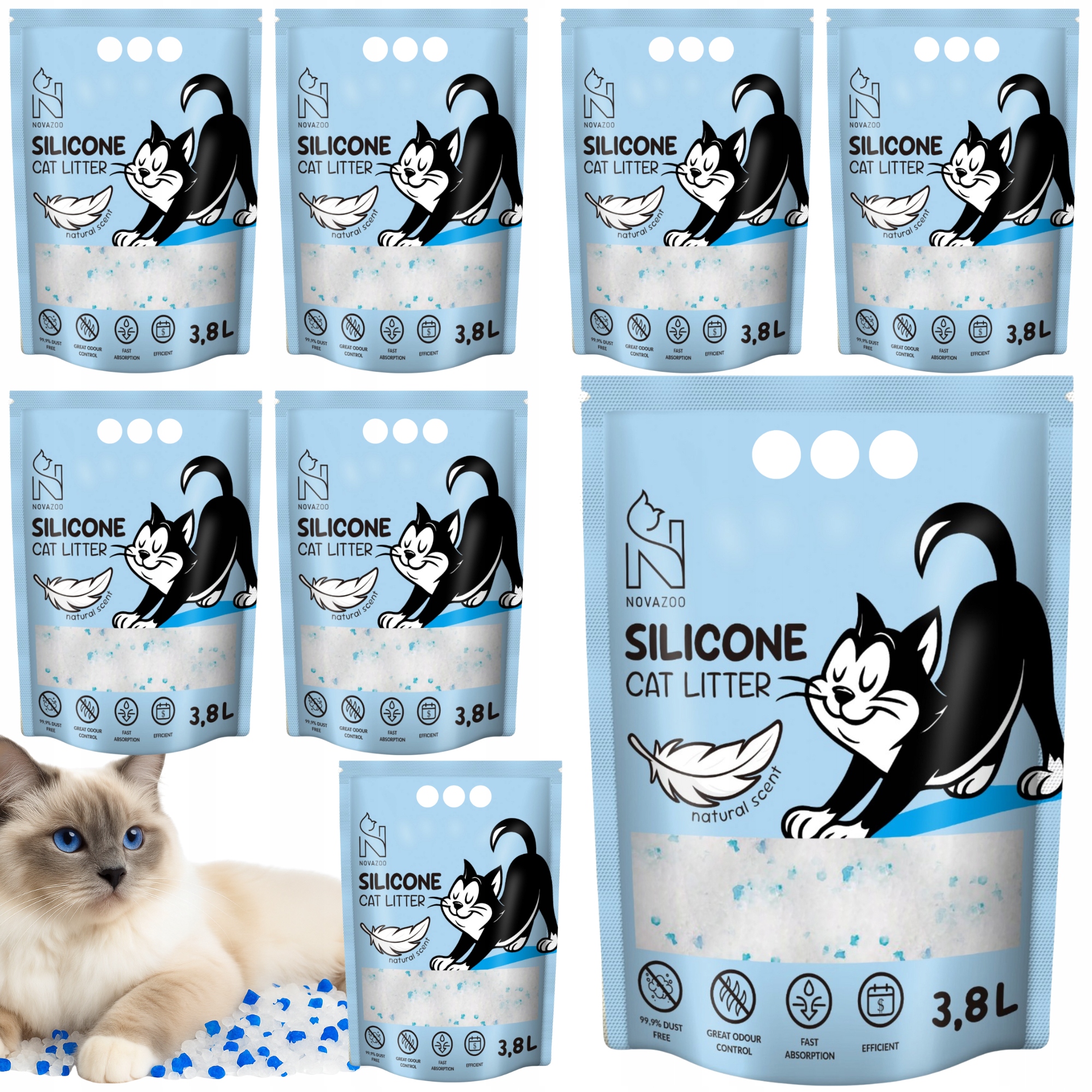 Levně 8x Novazoo Silikonové stelivo Přírodní Bezprašné Premium Pro Kočky 3.8L