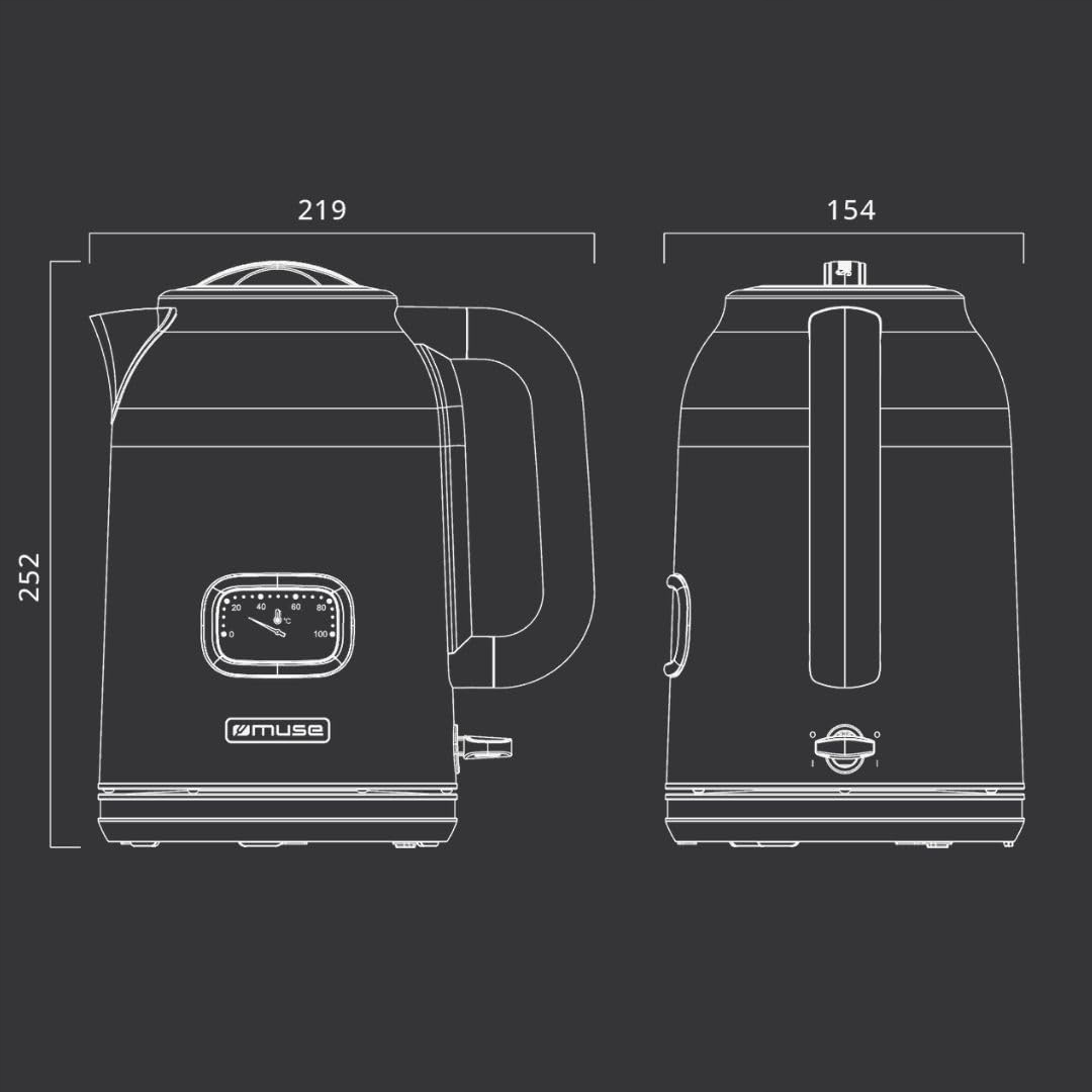 MUSE Retro Czajnik Elektryczny Stalowy 1,7L Analogowy Termometr Filtr Czarn — miniatura 5