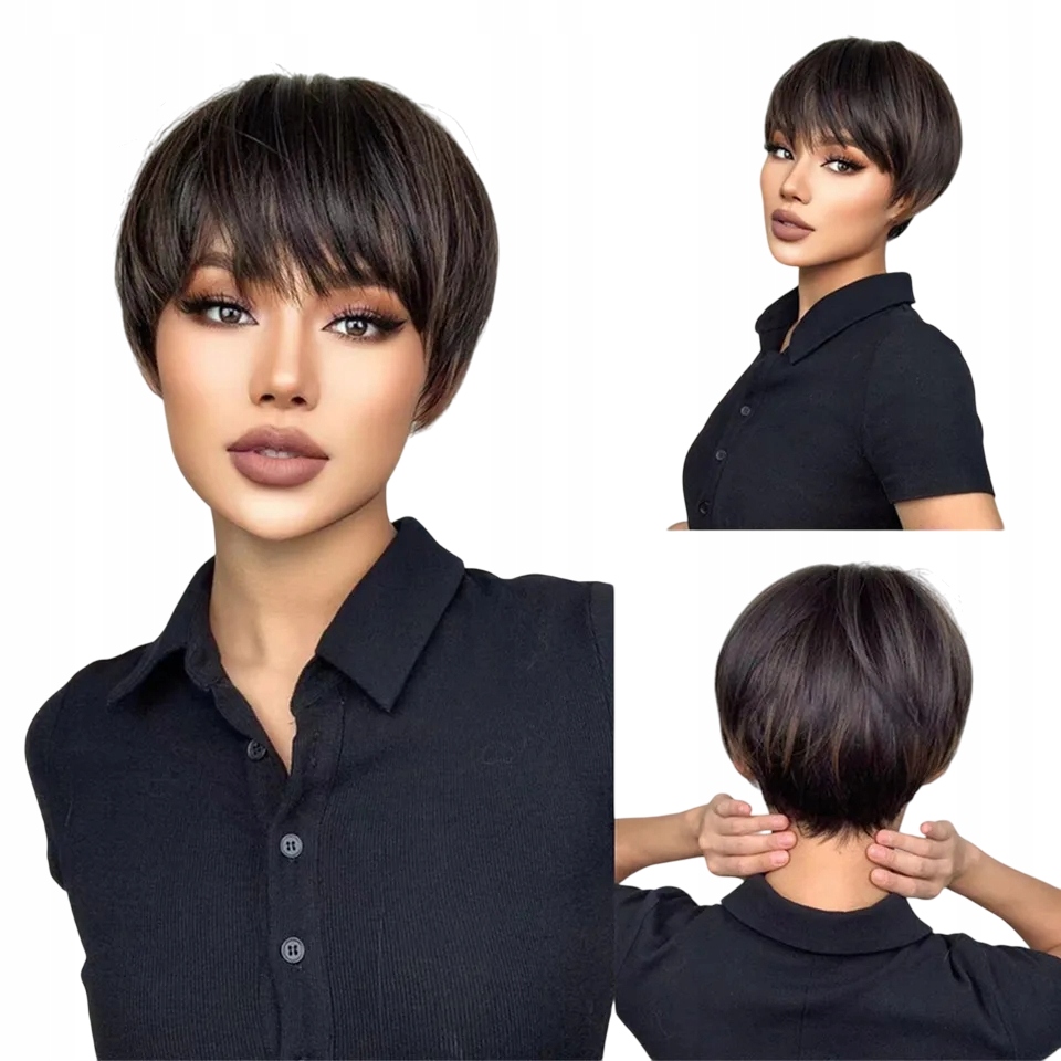 Peruka Damska Krótka Ciemny Brąz Z Refleksami Pixie Jak Naturalne Włosy