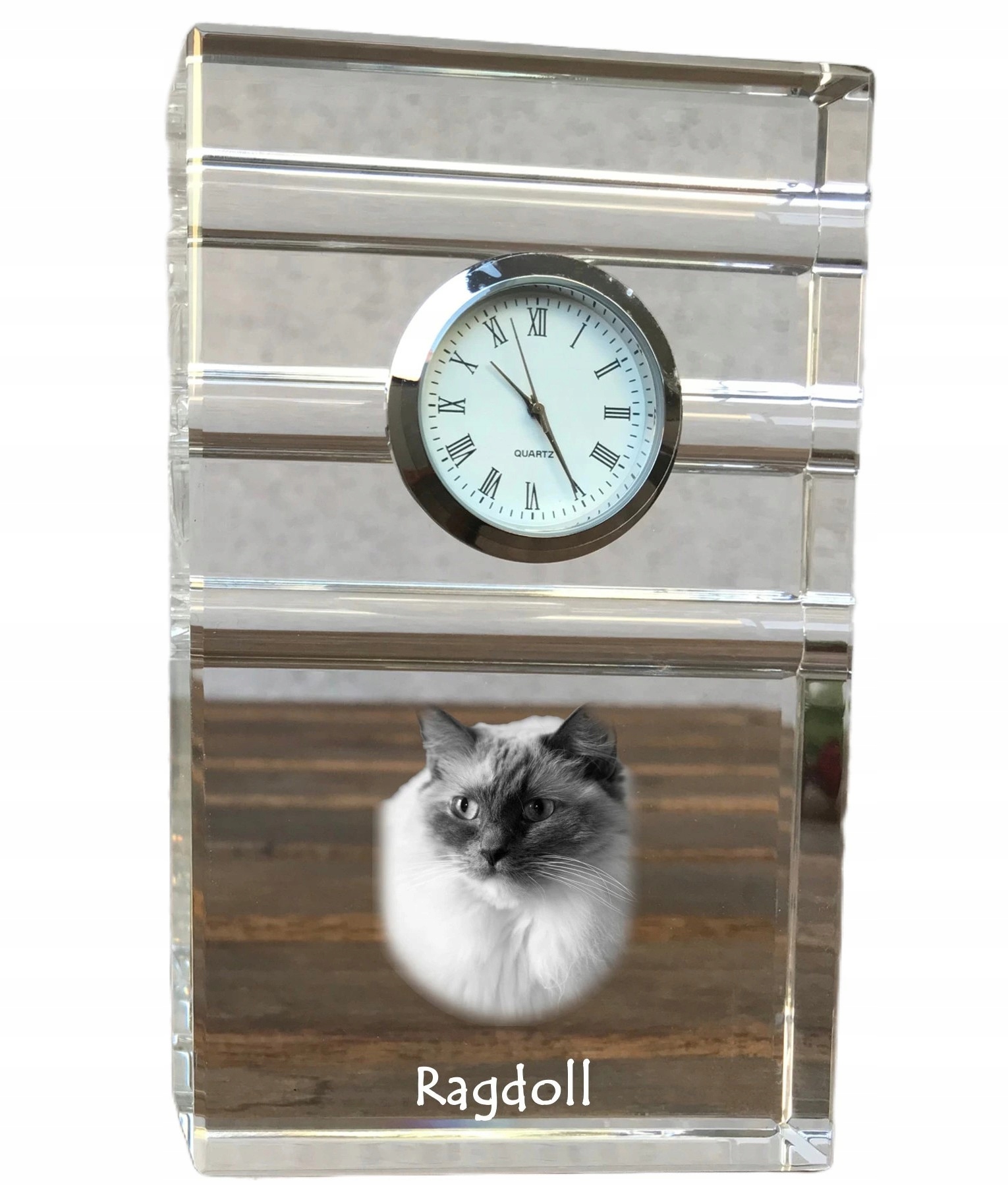 Mačka Ragdoll krištáľové stolové hodinky s vašou fotografiou, suvenír