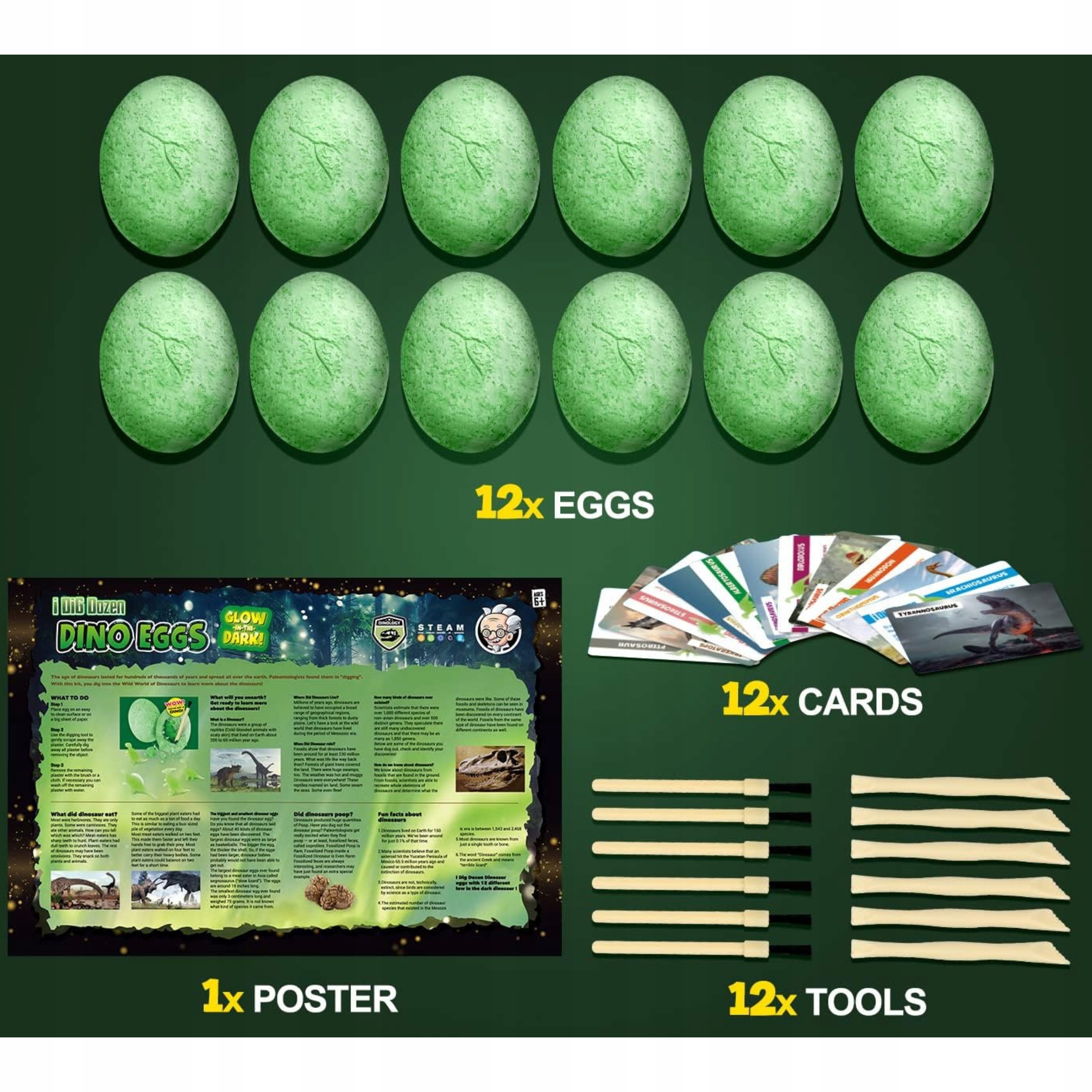 12x Jajo z DINOZAUREM ŚWIECĄCYM W CIEMNOŚCI WYKOPALISKA MAŁY ARCHEOLOG Marka NORIMPEX