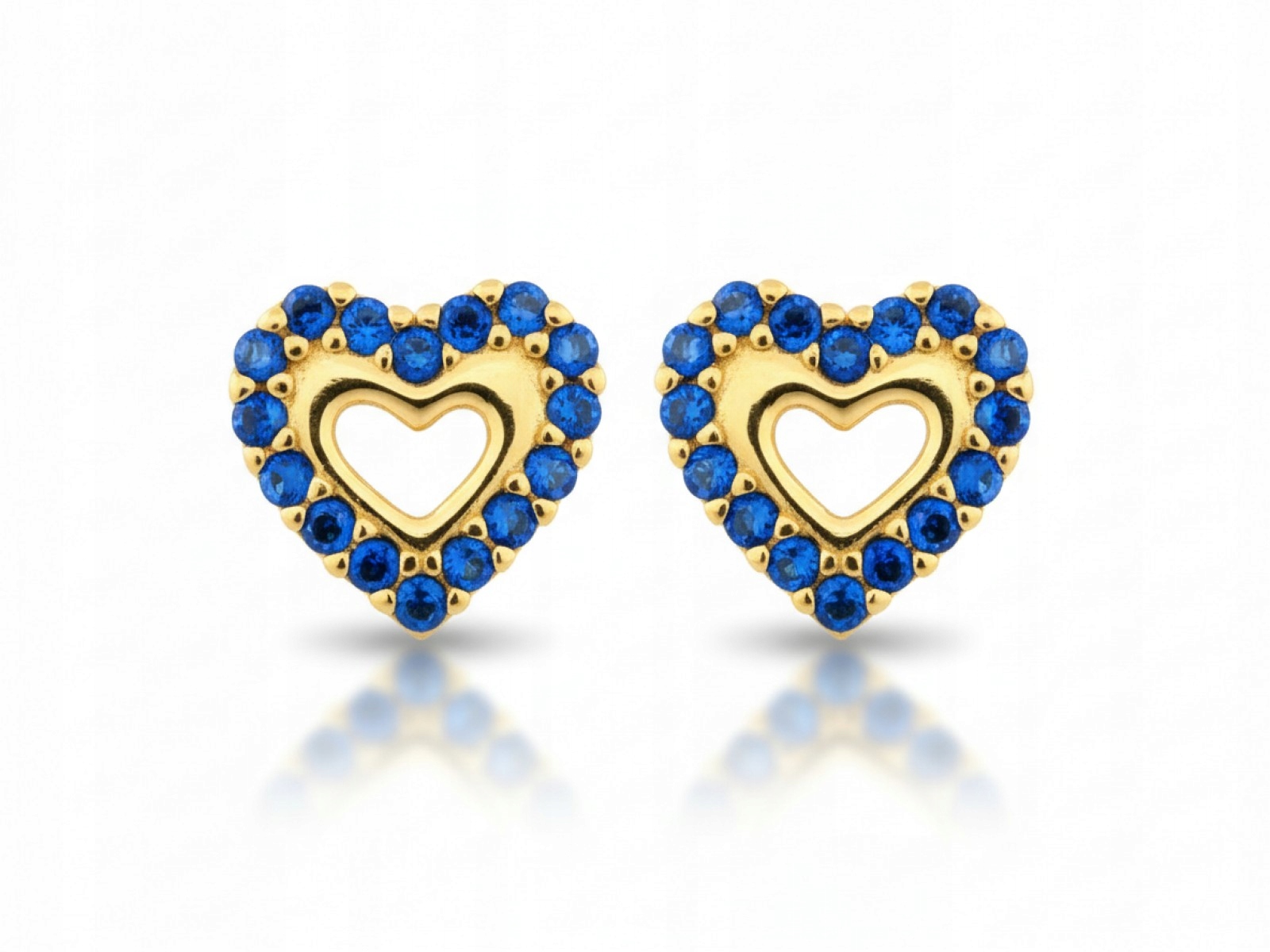 Náušnice ze zlata ve tvaru ženského srdce na tyči s modrými kameny