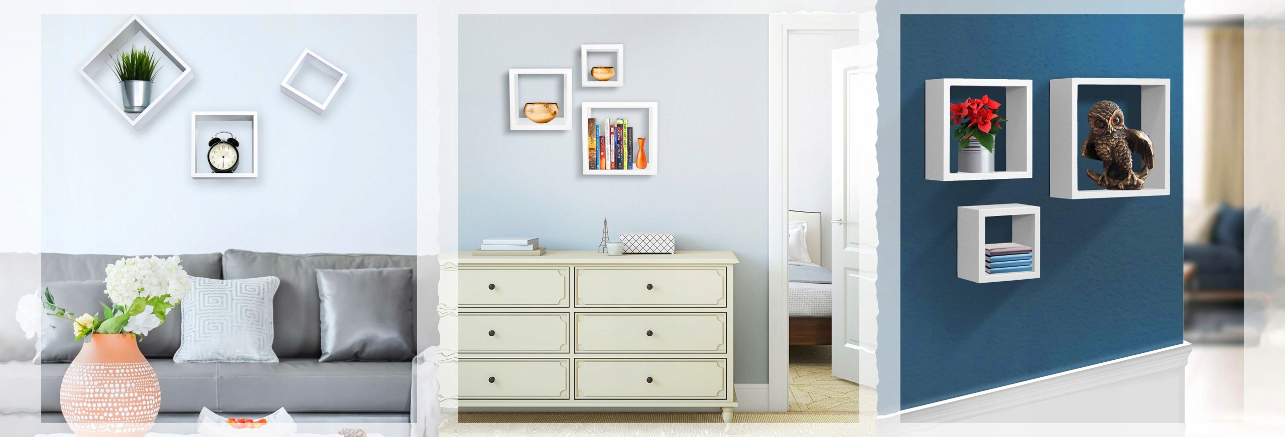 PÓŁKA WISZĄCA DO SALONU KOMPLET 3SZT BIAŁA Głębokość mebla 10 cm