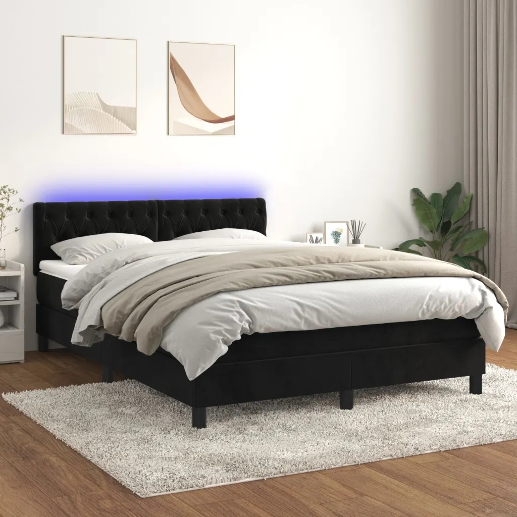 vidaXL Box spring postel s matrací a Led černá 140x190 cm samet