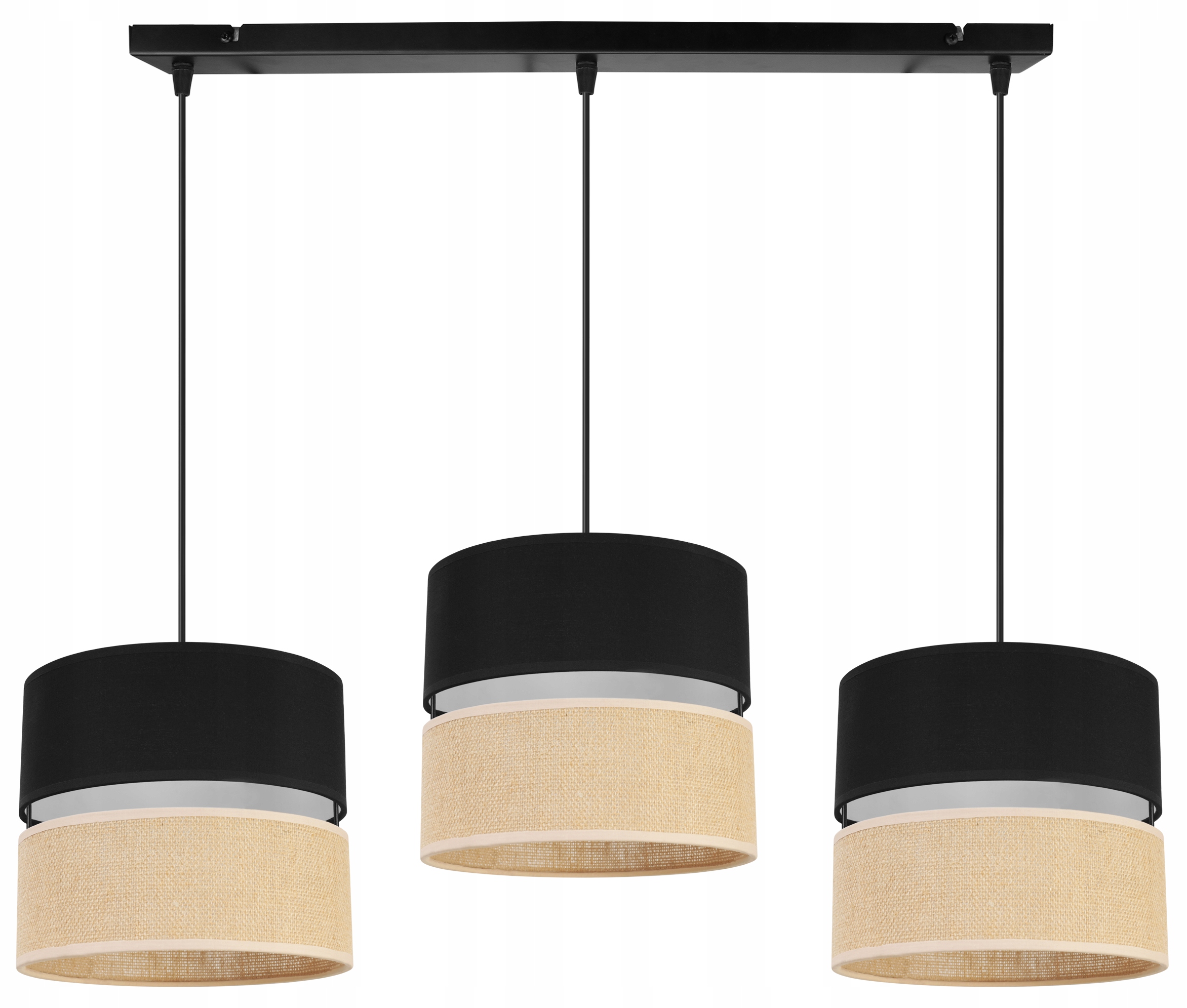 Stropná Závesná Lampa Luster Trojité Tienidlo Čierna Boho Juta Lišta