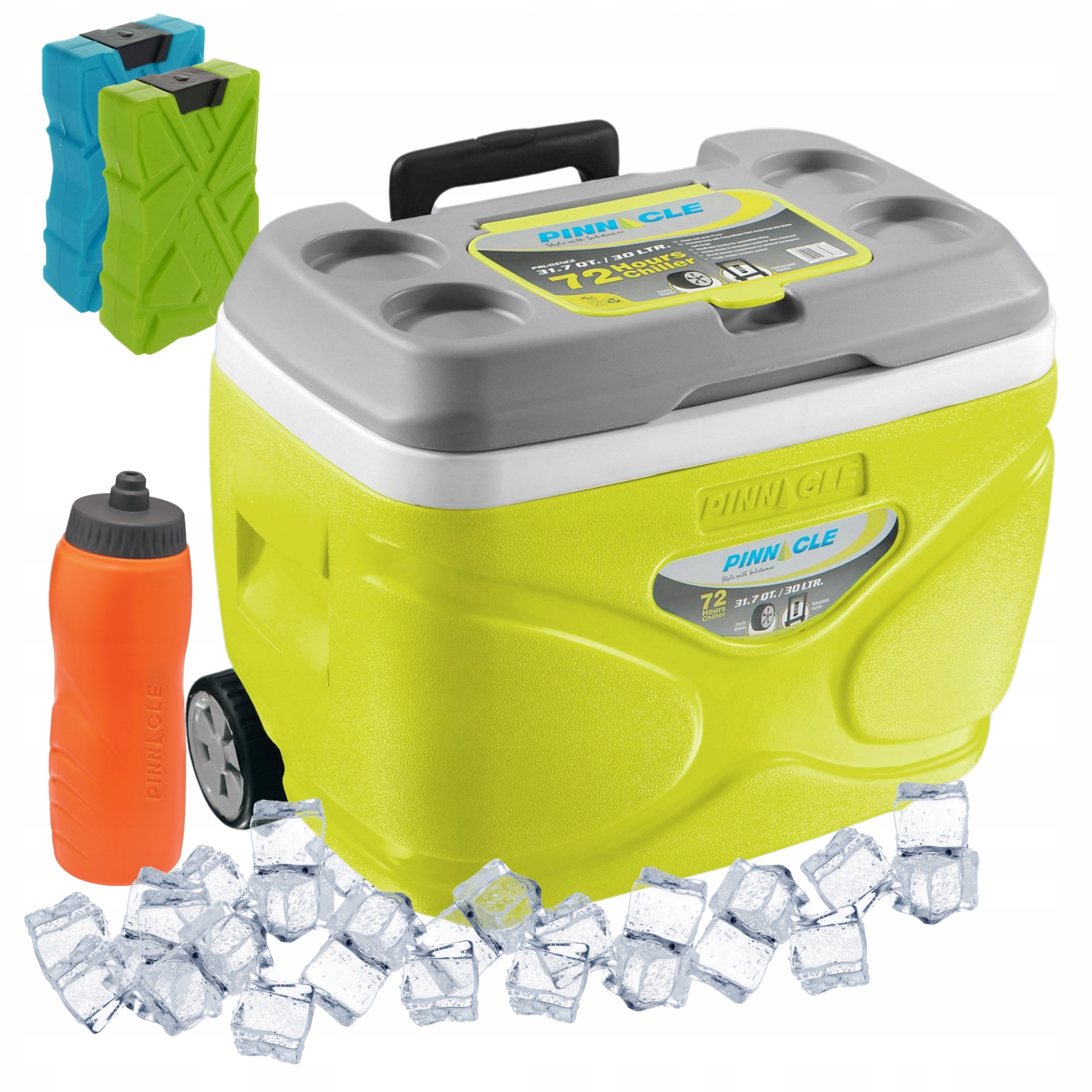 Turistická lednička s kolečky Pinnacle 30 l limetka 2 náplně 330 ml lahev na pití 1 l