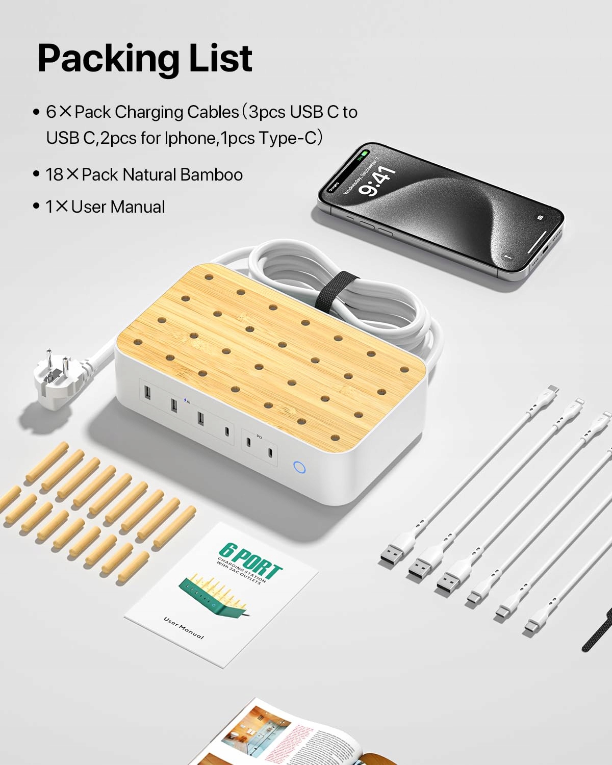 VISIONSYNC Stacja Ładowania USB C 60W 6 Portów Z Bambusa Biała — miniatura 9
