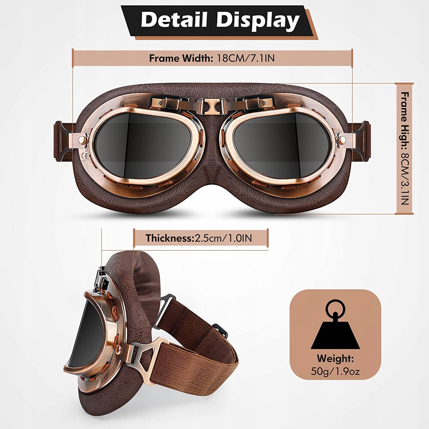 GOGLE MOTOCYKLOWE VINTAGE PILOT OKULARY JASNE Model VTG026