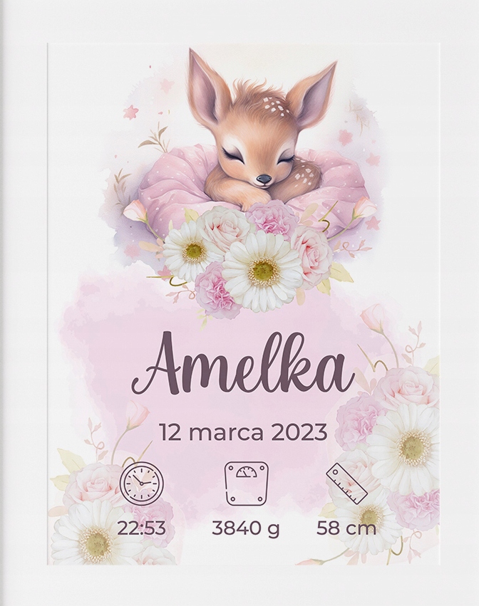 Metryczka dziewczynki A4 Pamiątka Pomysł na Prezent dla noworodka W RAMCE