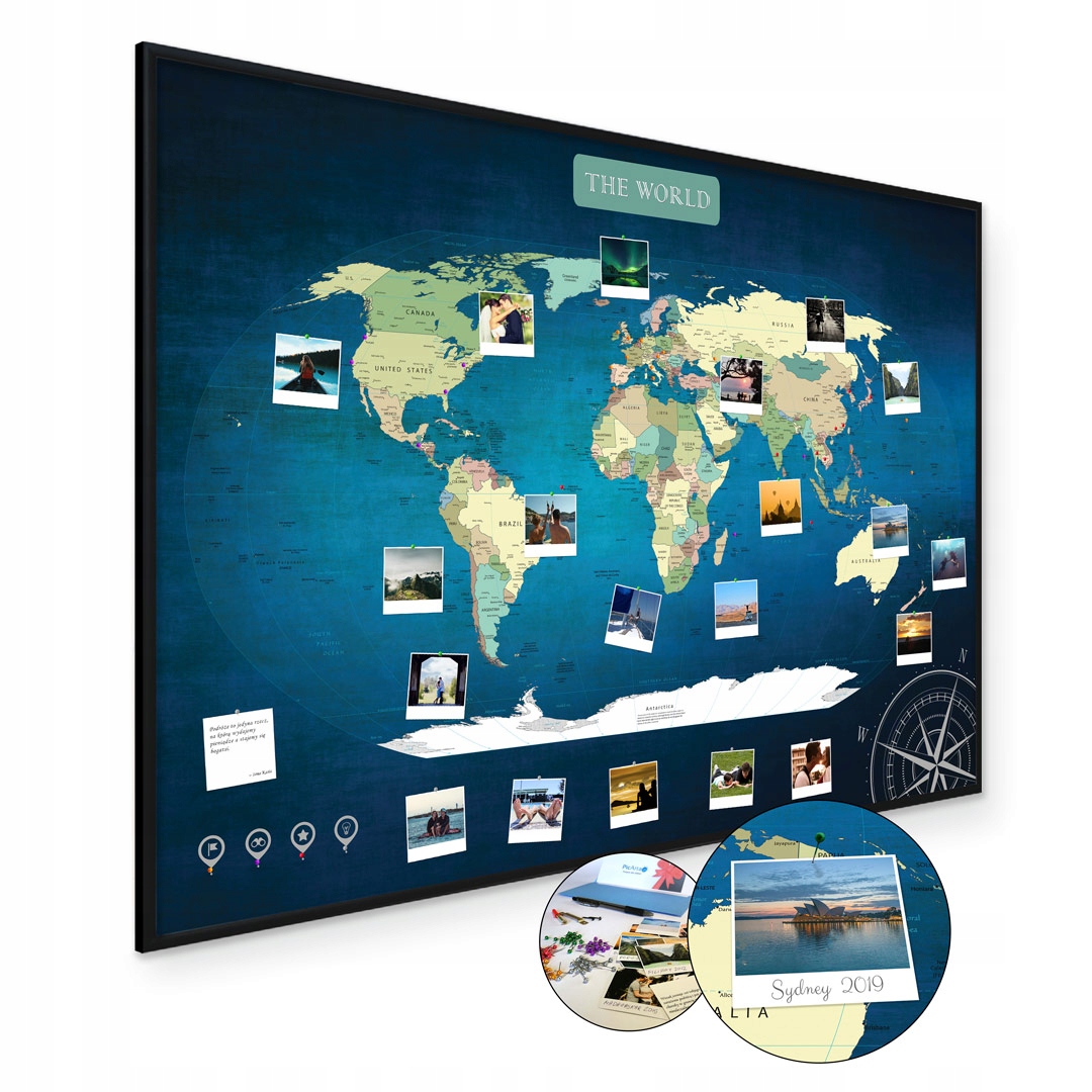 Mapa Świata - korkowa do oznaczania Podróży BLUE