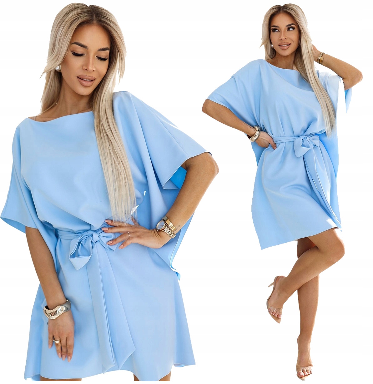 Krásné Šaty Motýl S Páskem, Asymetrické Rukávy, Pastelová Světle Modrá S/m