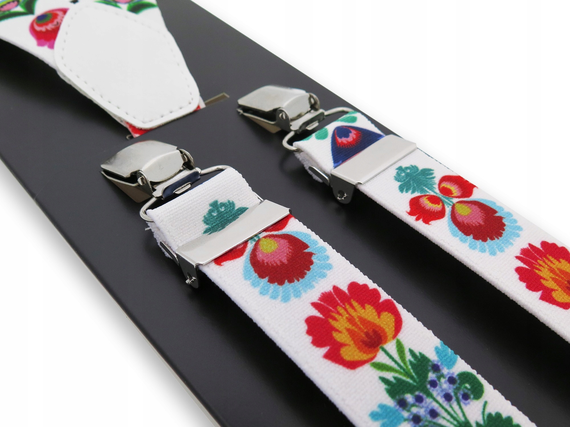 Wąskie białe szelki we wzór łowicki/folkowy X42 Marka Modini