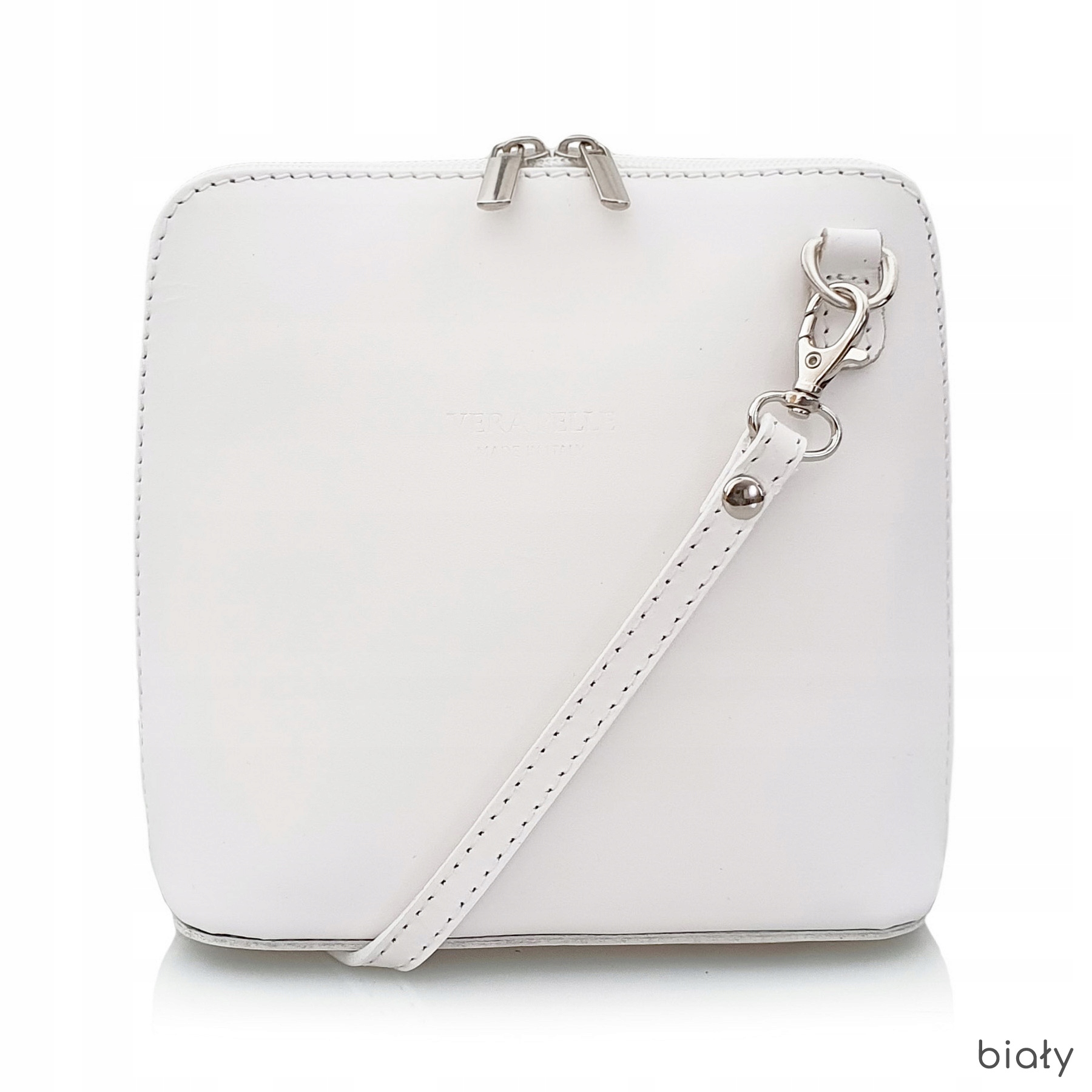 VERA PELLE torebka damska skórzana listonoszka stożek z paskiem BIAŁA Kolor okuć srebrny