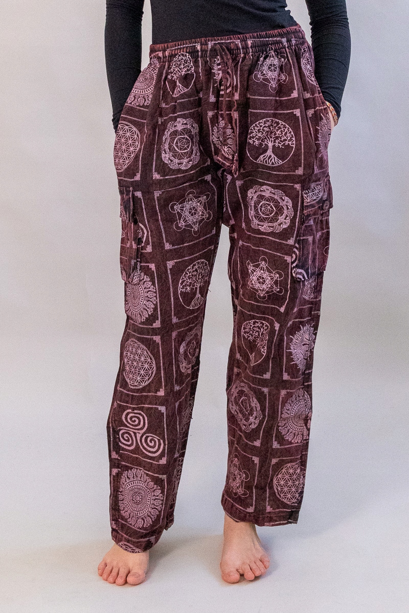 Přetíratelné volné baggy kalhoty balloon buddhistické symboly etno unisex