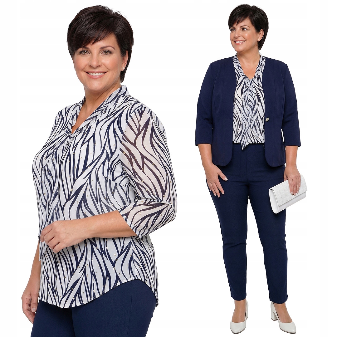 Bílá halenka se zavazováním a modrými pruhy se zlatými puntíky plus size vel