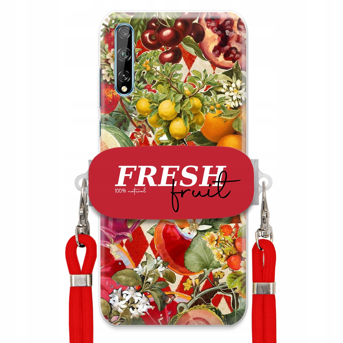 Puzdro pre Huawei Y8P Červené Crossbody vodítko držiak Fresh Fruit Ovocné