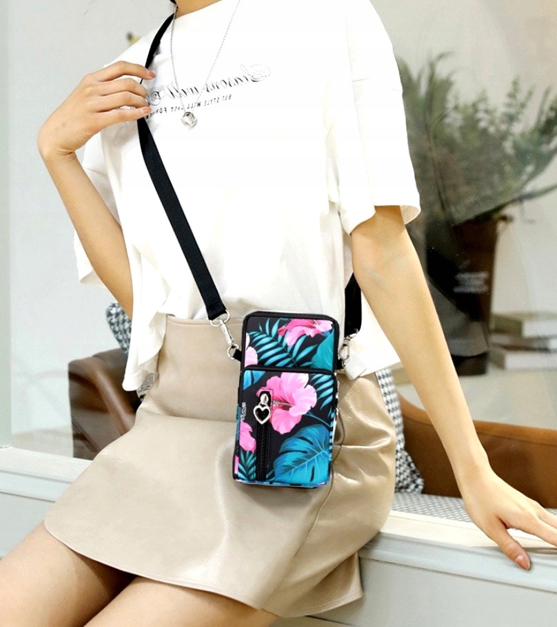 Torebka na telefon miejska czarna PORTFEL KOPERTÓWKA 2W1 kwiaty damska Styl miejski