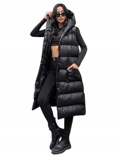Shein Černá Dlouhá Prošívaná Vesta S Kapucí A Zipem Tall L 1EH