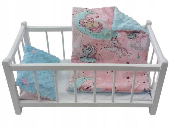 ŁÓŻECZKO DLA LALEK BIAŁE, DREWNIANE Z POŚCIELĄ