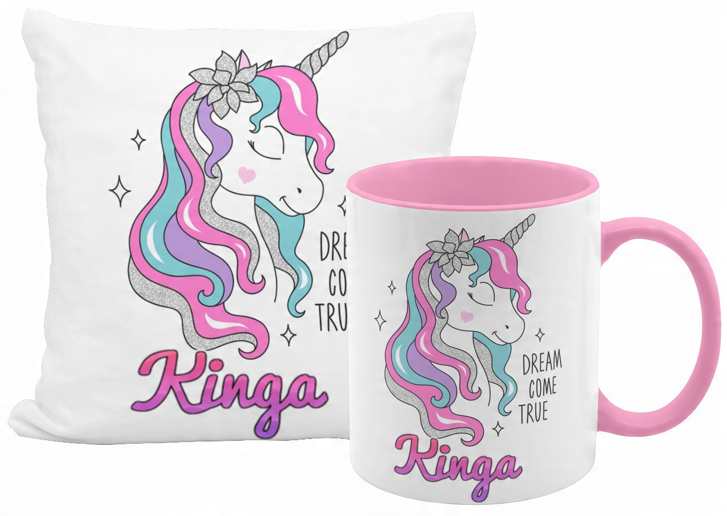 

Zestaw Unicorn Poduszka Kubek Różowy Imię Tekst