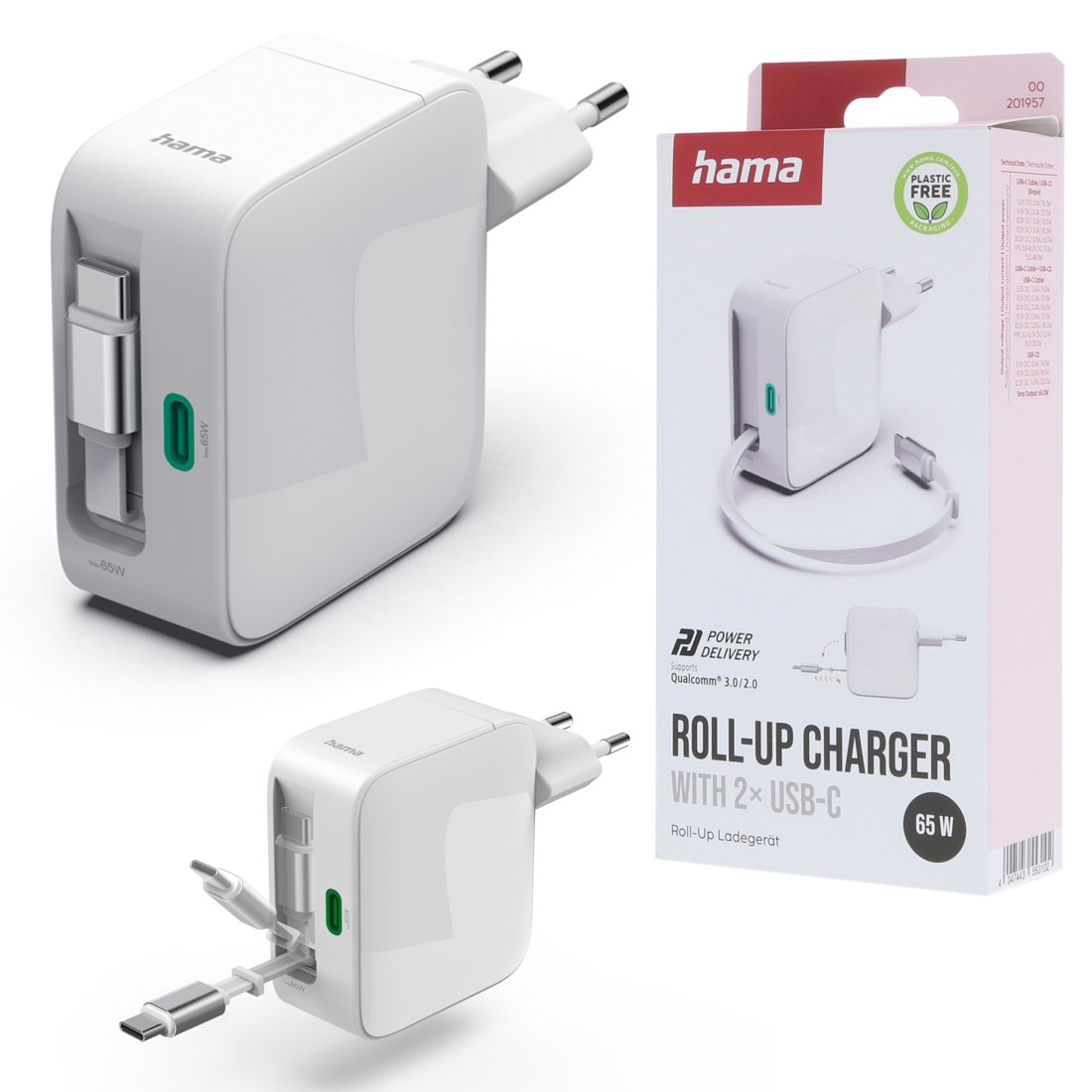 Hama Szybka Ładowarka Sieciowa Gan 65W Zwijany Kabel Usb C Pd Qc 3.0 Kostka