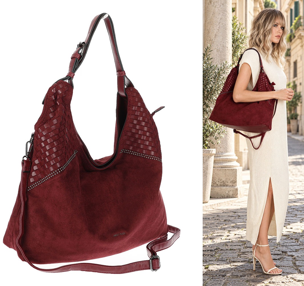 Dámská shopper kabelka semišová prostorná přes rameno lehká BS105 Bordó
