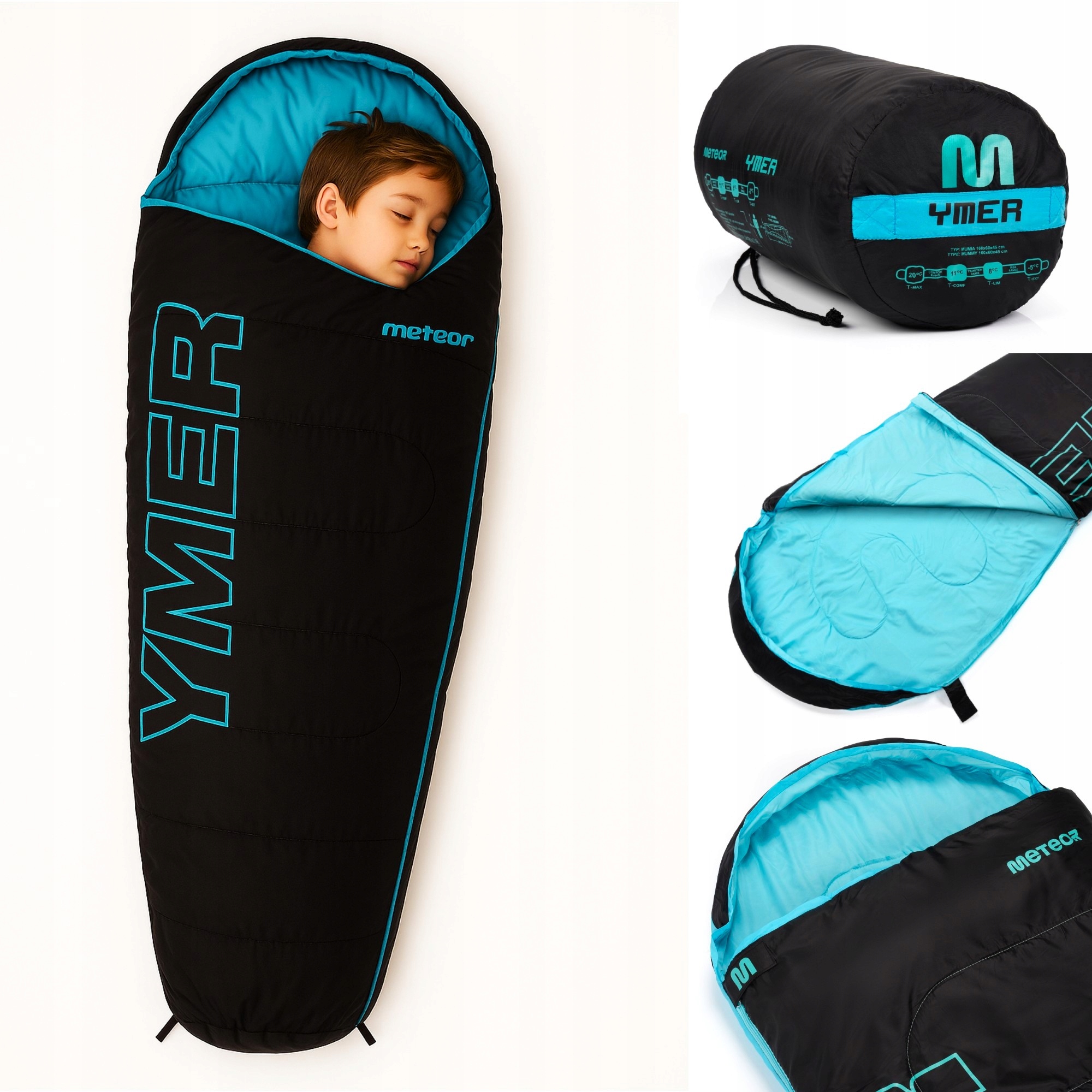 Śpiwór Dla Dzieci Kapturem Pokrowcem Mumia (130+30)x60/40 Czarny Niebieski